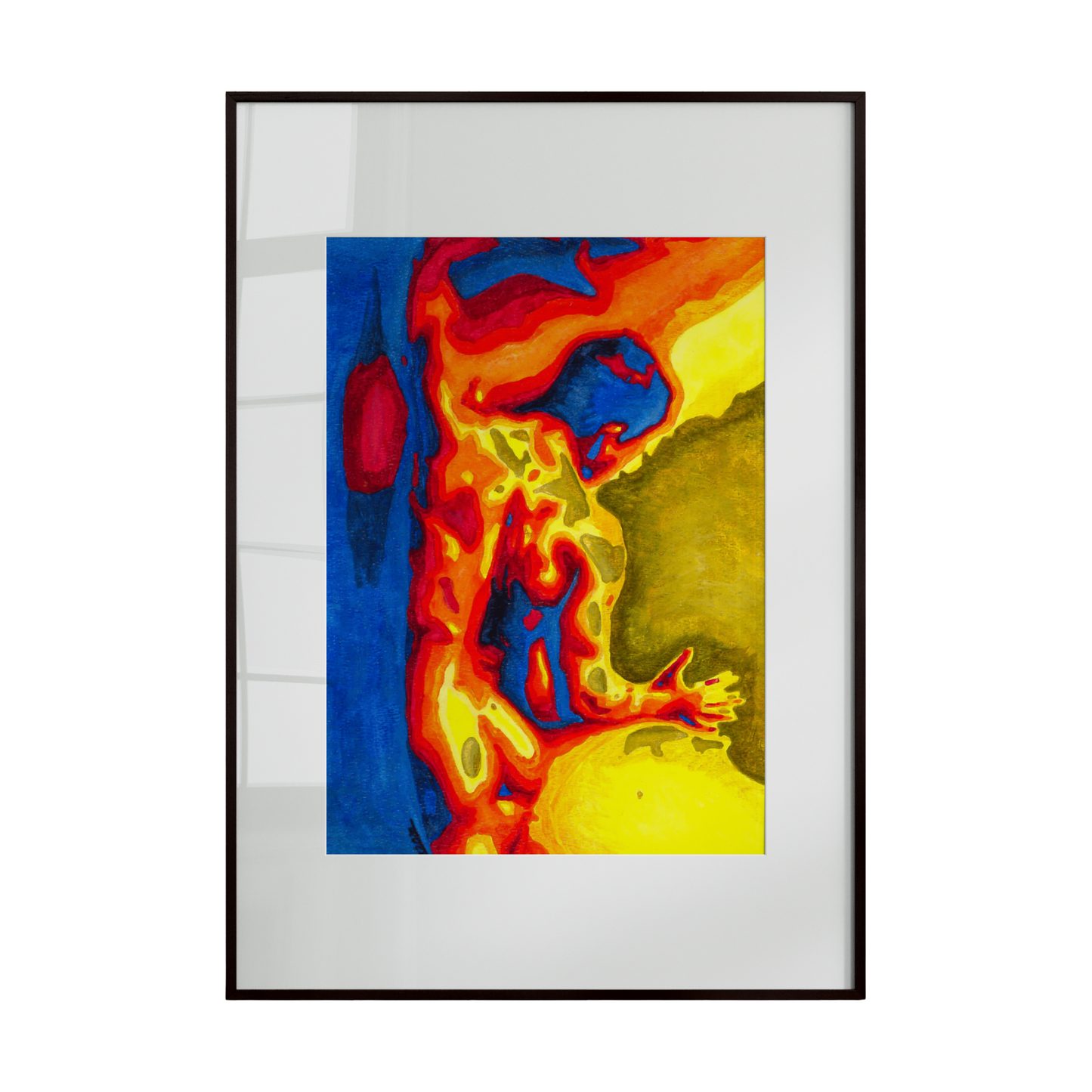 Framed abstract artwork with vibrant colors on a white background
