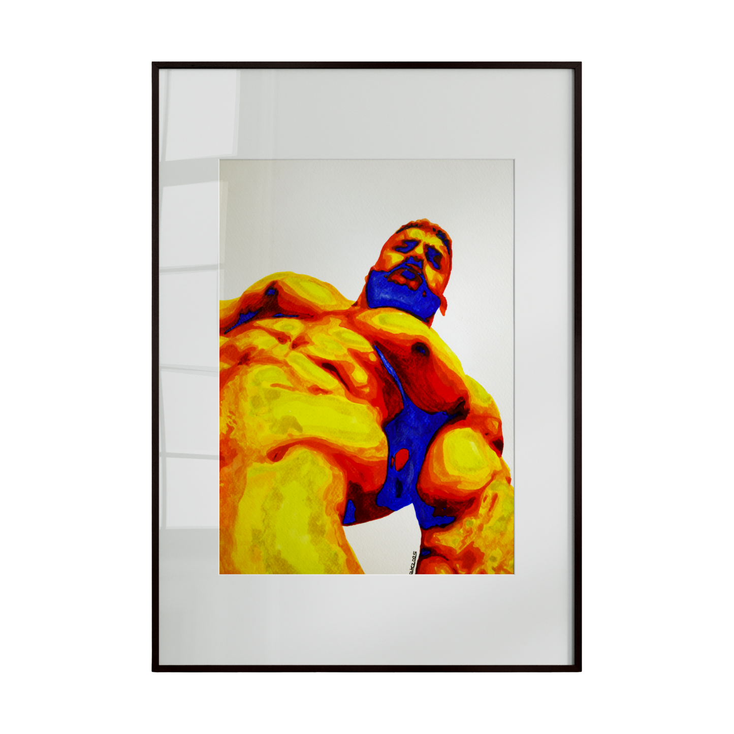 a muscular nude male from a low angle, rendered in vivid heatmap colors of yellow, red, and blue. The striking palette emphasizes strength, sensuality, and dynamic form, celebrating queer power and presence.