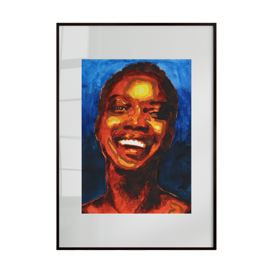Framed artwork of a smiling person with a colorful background