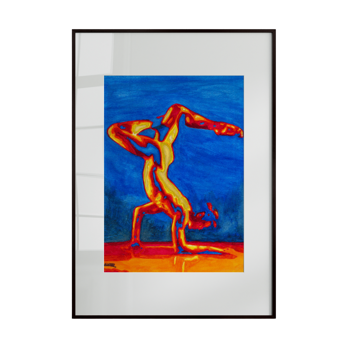 Framed abstract artwork with a figure in dynamic pose on a blue background
