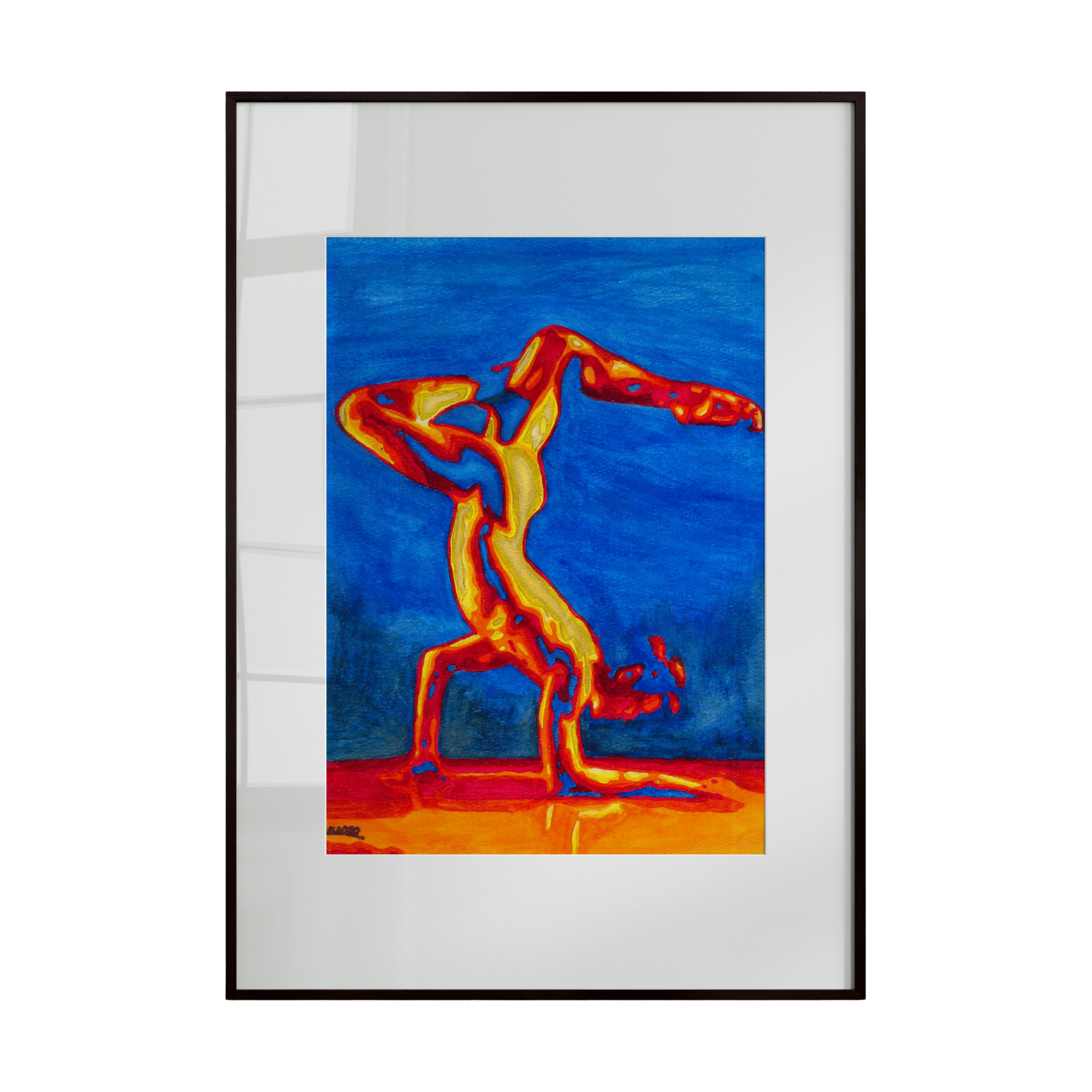 Framed abstract artwork with a figure in dynamic pose on a blue background