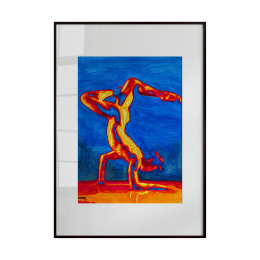 Framed abstract artwork with a figure in dynamic pose on a blue background