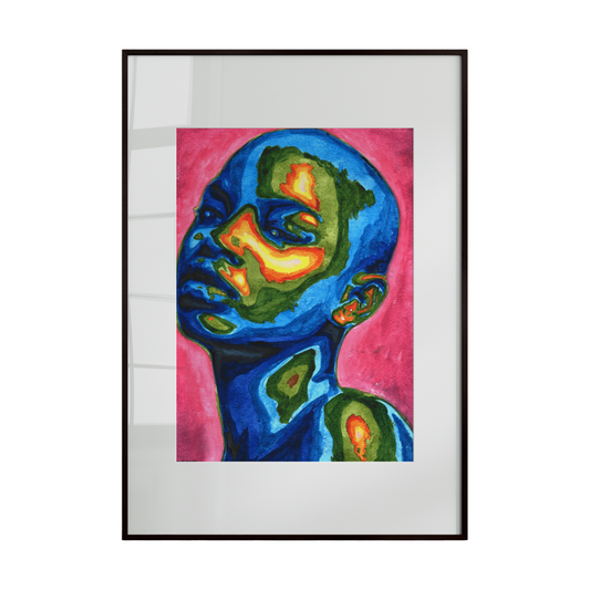 Framed abstract artwork with colorful design on a white background