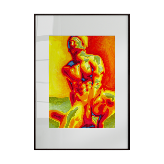 An abstract artwork depicting a male figure in vibrant warm and cool hues. The composition creates a dynamic sense of movement, celebrating the interplay of color, form, and expressive energy in a visually captivating manner.
