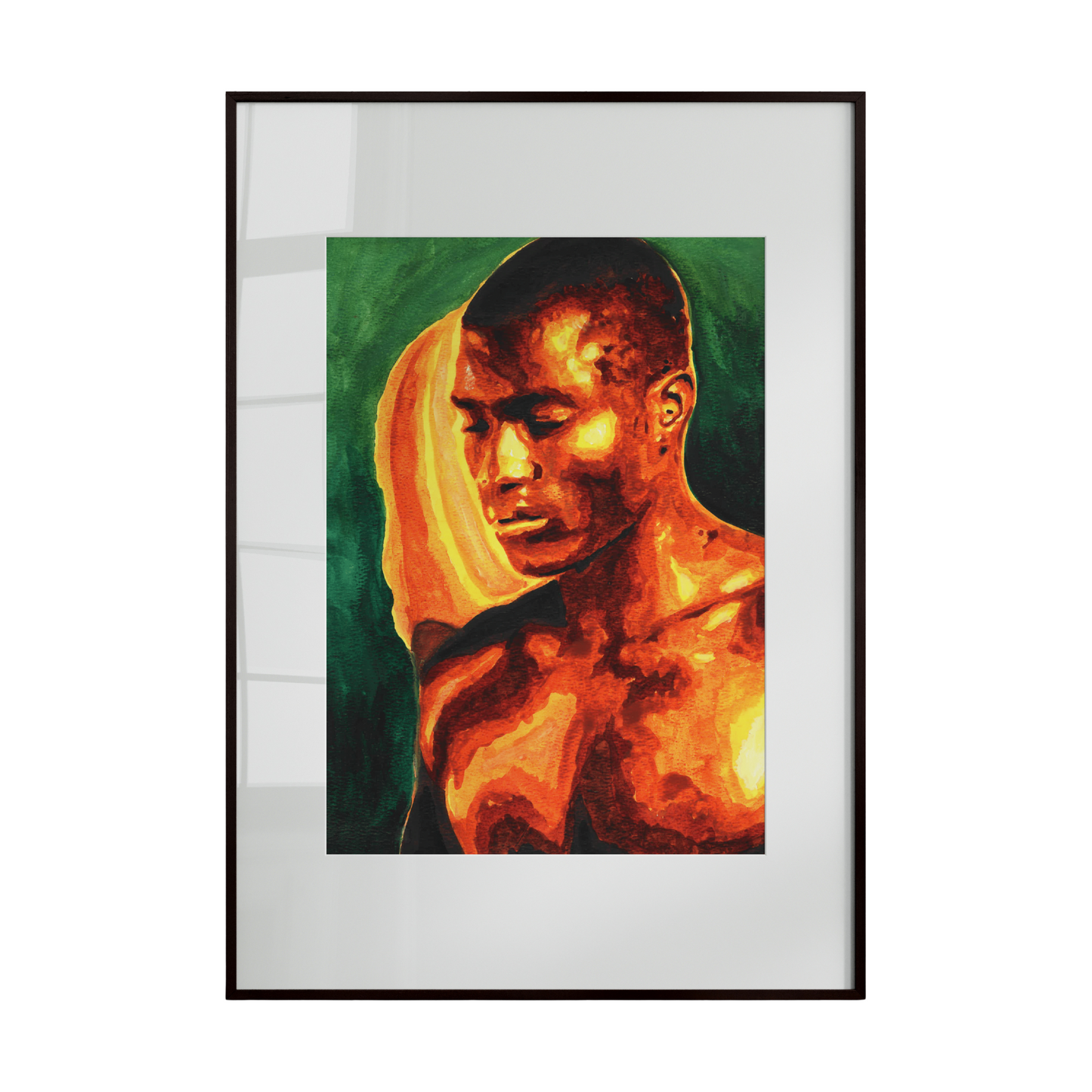 Framed artwork of a person with a green and orange gradient background