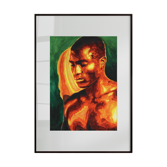 Framed artwork of a person with a green and orange gradient background