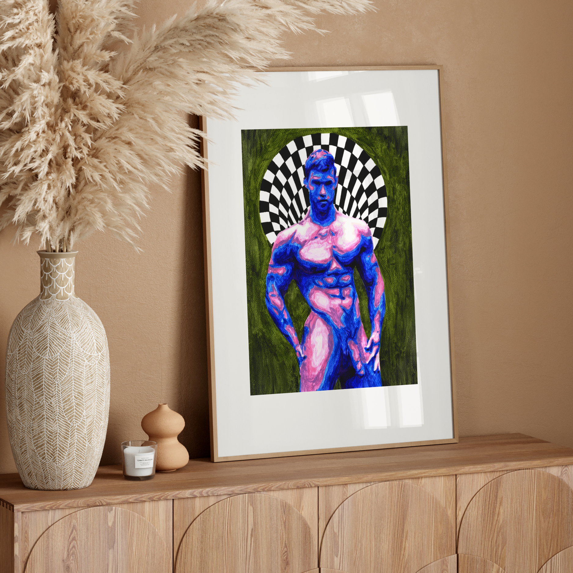 Framed artwork of a stylized figure on a wooden sideboard with decorative elements.