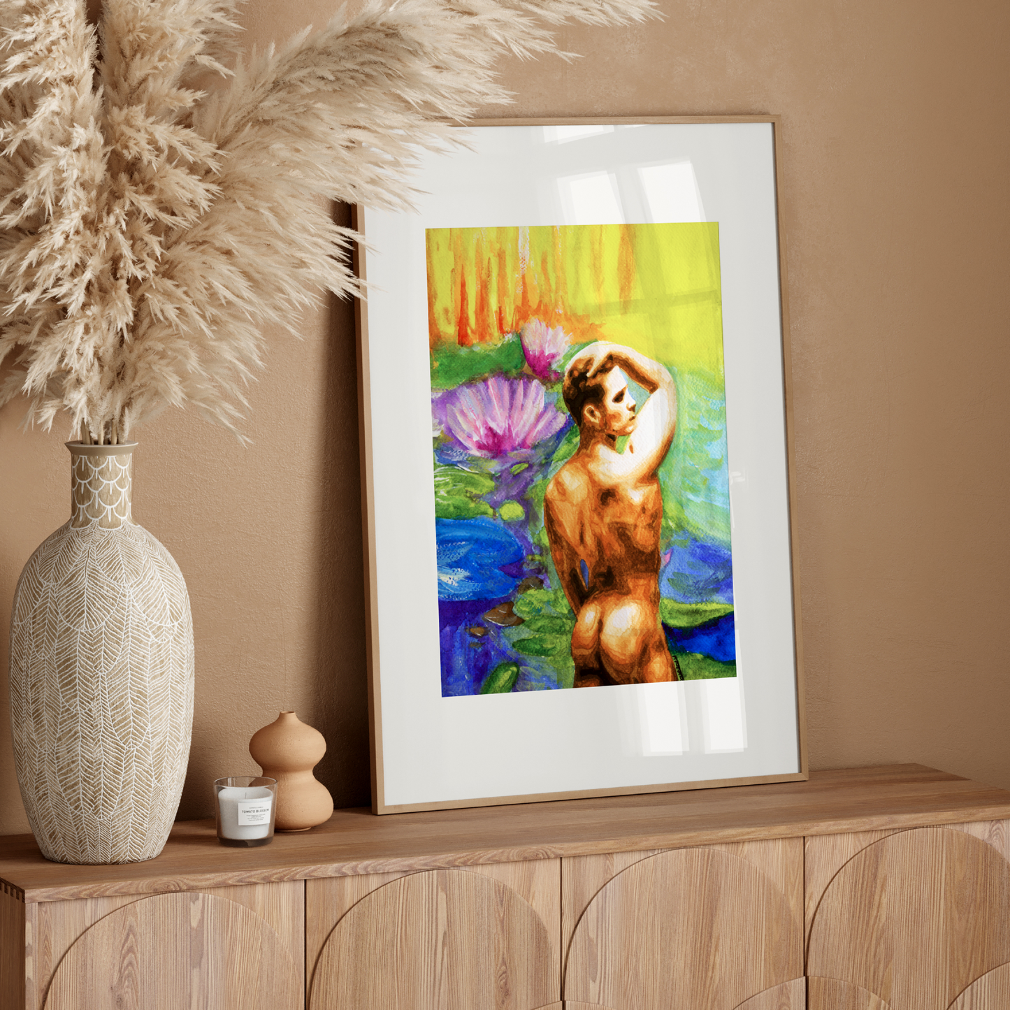 Framed artwork on a wooden console table with decorative elements.