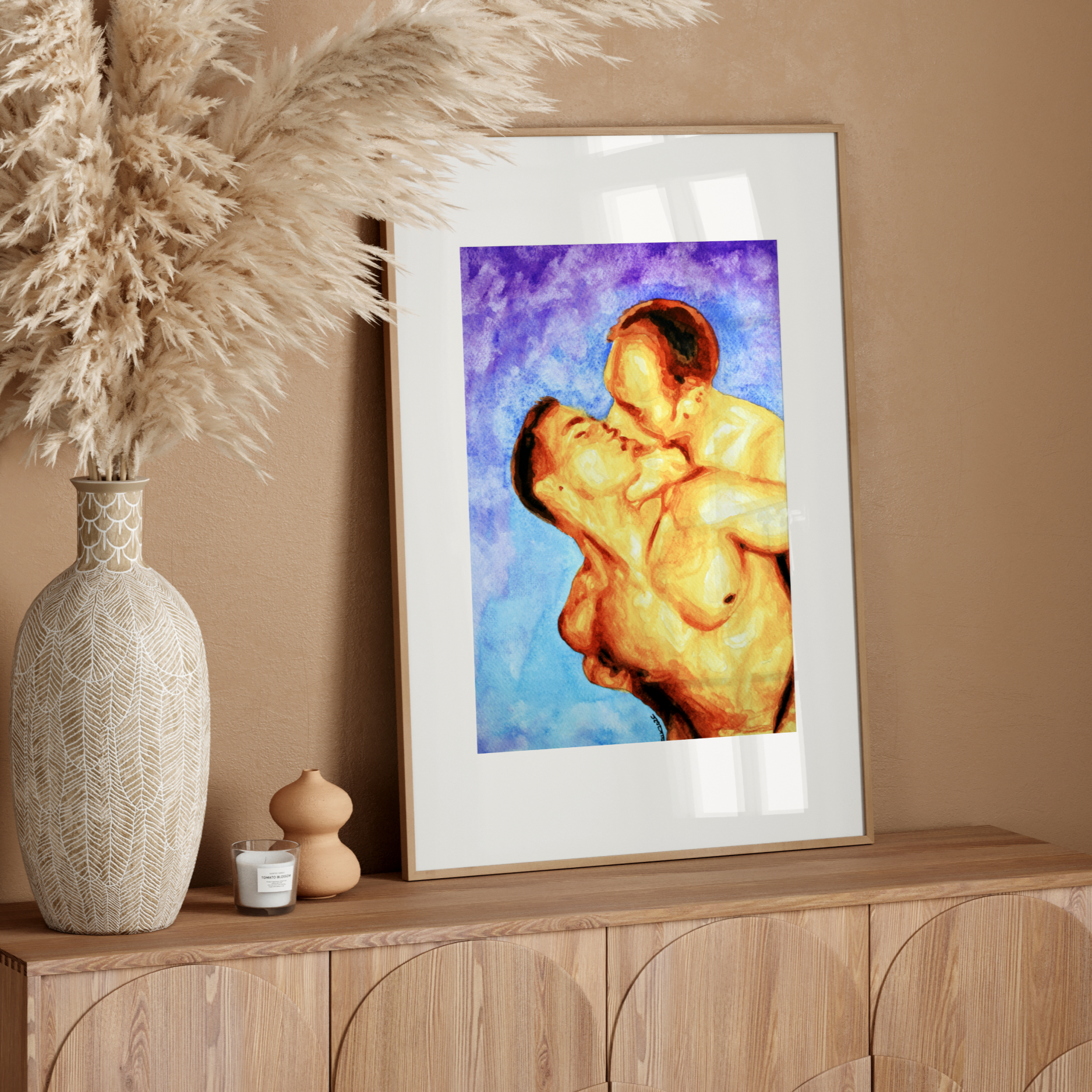Watercolor painting of two shirtless men lovingly embracing under a clear blue sky. A romantic LGBTQ+ artwork by Zak Pop Art.