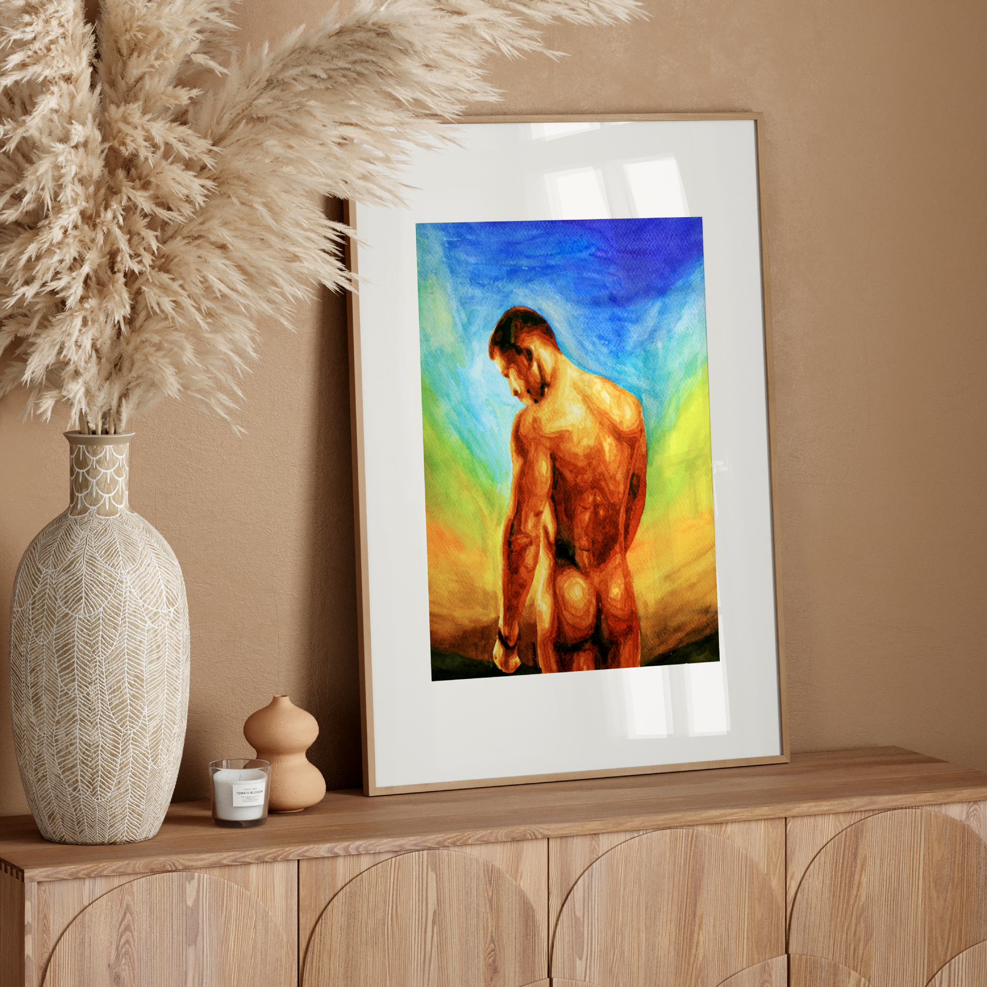 Watercolor painting of a nude man with a strong, beautiful body, proudly facing a rainbow-colored sunset sky, symbolizing queer pride, strength, and self-liberation. Original Zak Pop Art.