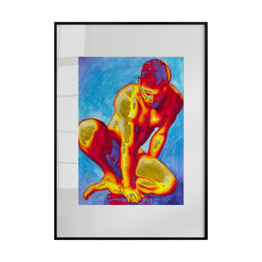 Framed abstract artwork of a colorful figure on a white background