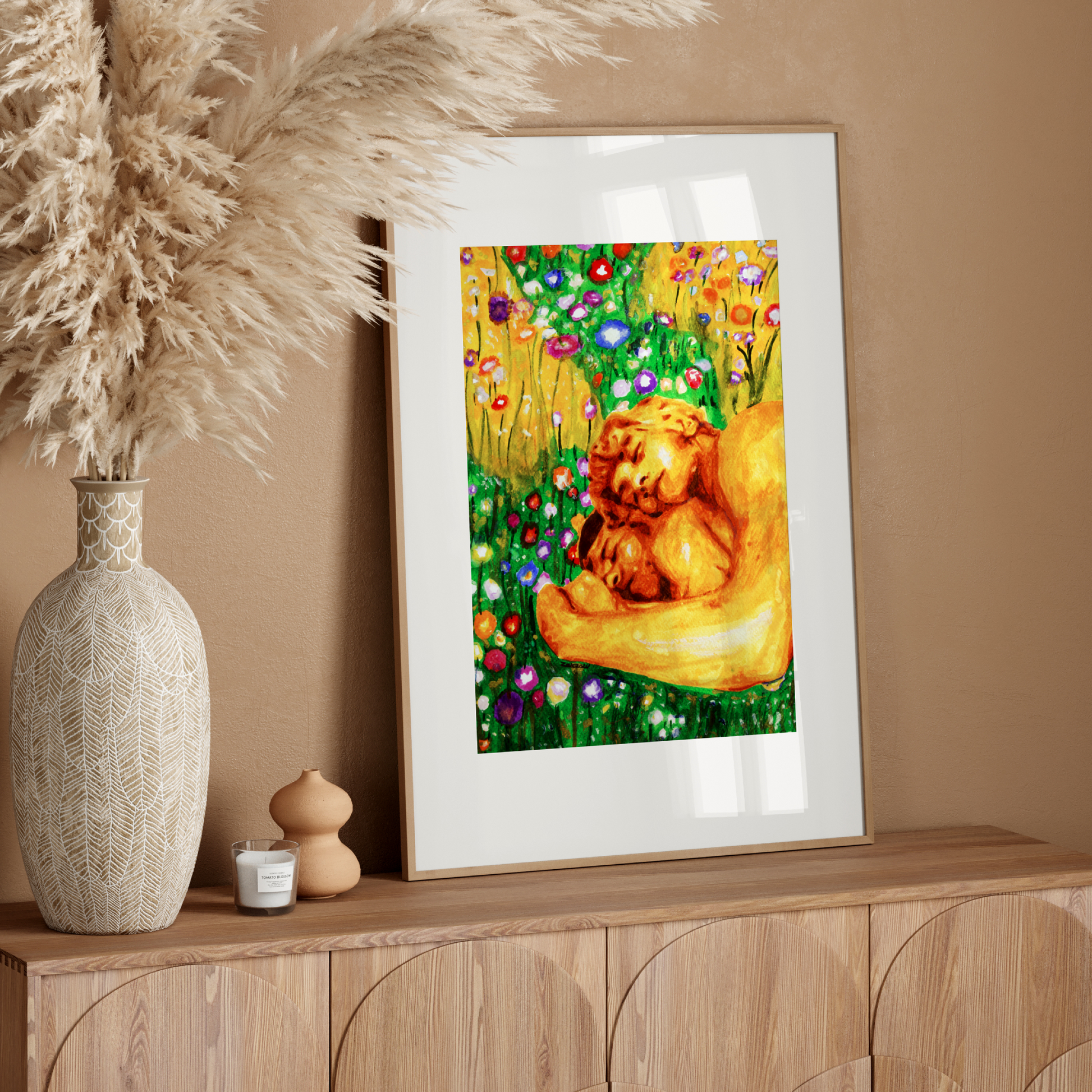 Watercolor of two nude men lying in a flower-filled field, holding each other, painted in a Klimt-inspired golden style.