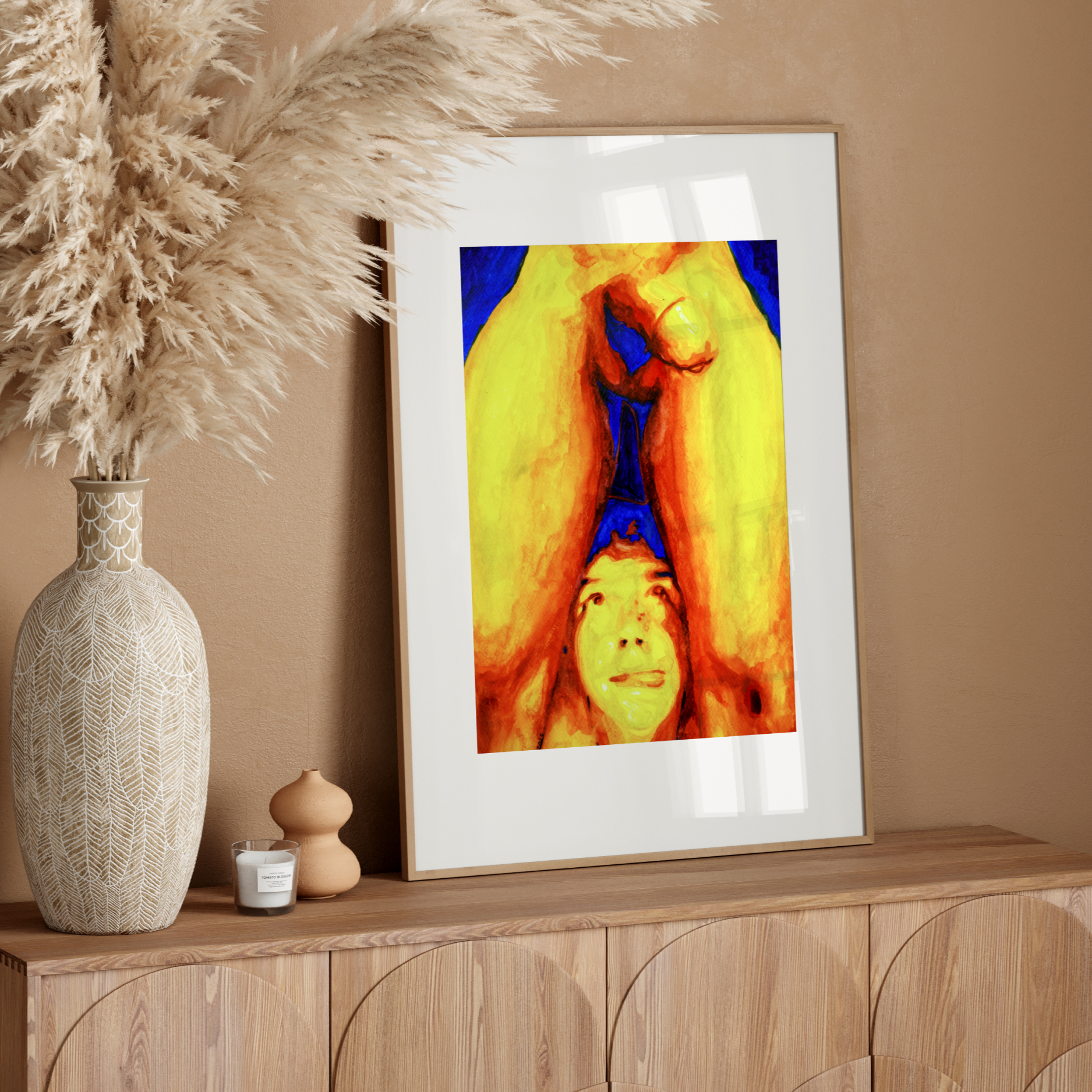 Playful gay erotic watercolor painting of a semi-nude man looking upward with a teasing tongue-out expression, showcasing queer sensuality 