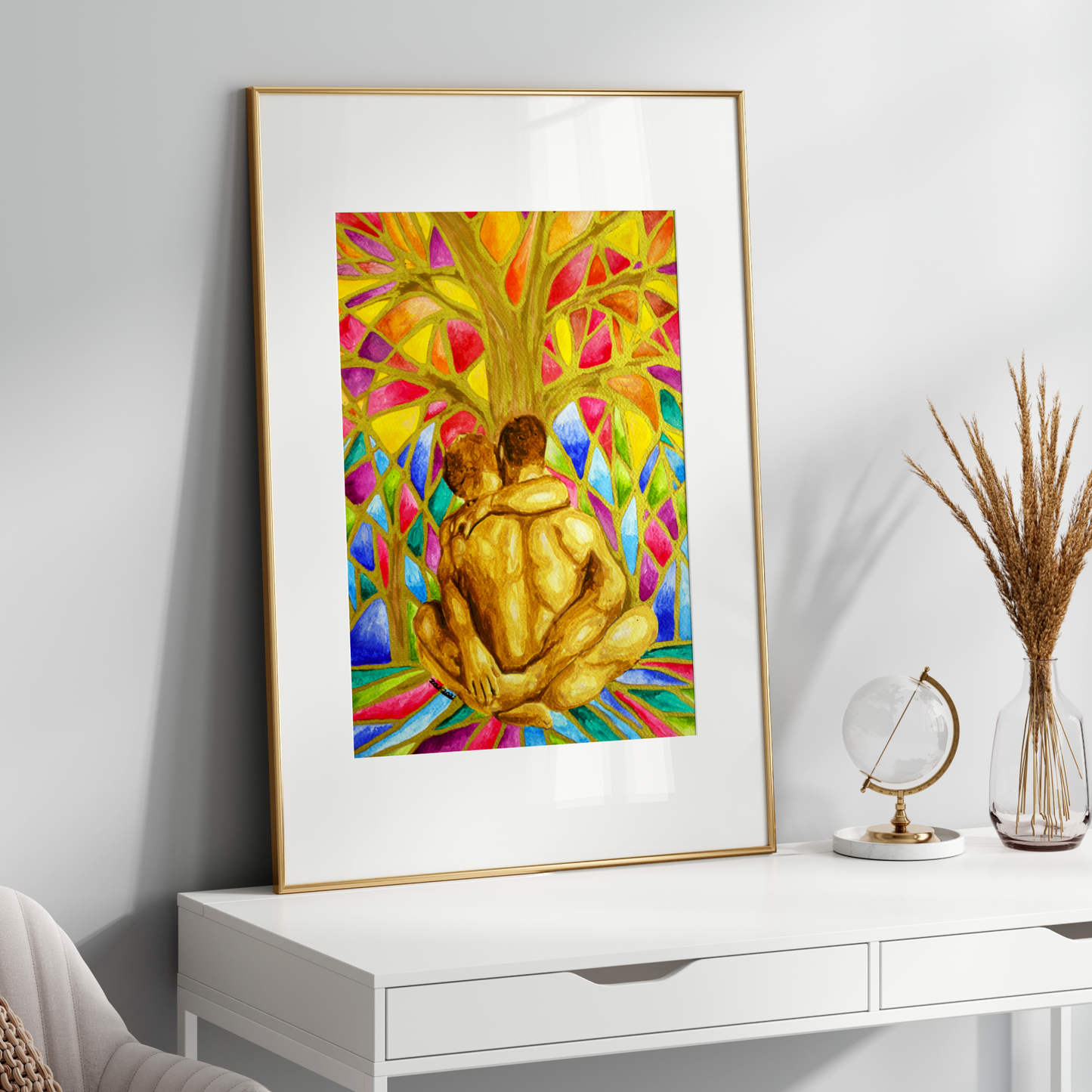 Colorful abstract artwork in a gold frame on a white wall above a white console table.