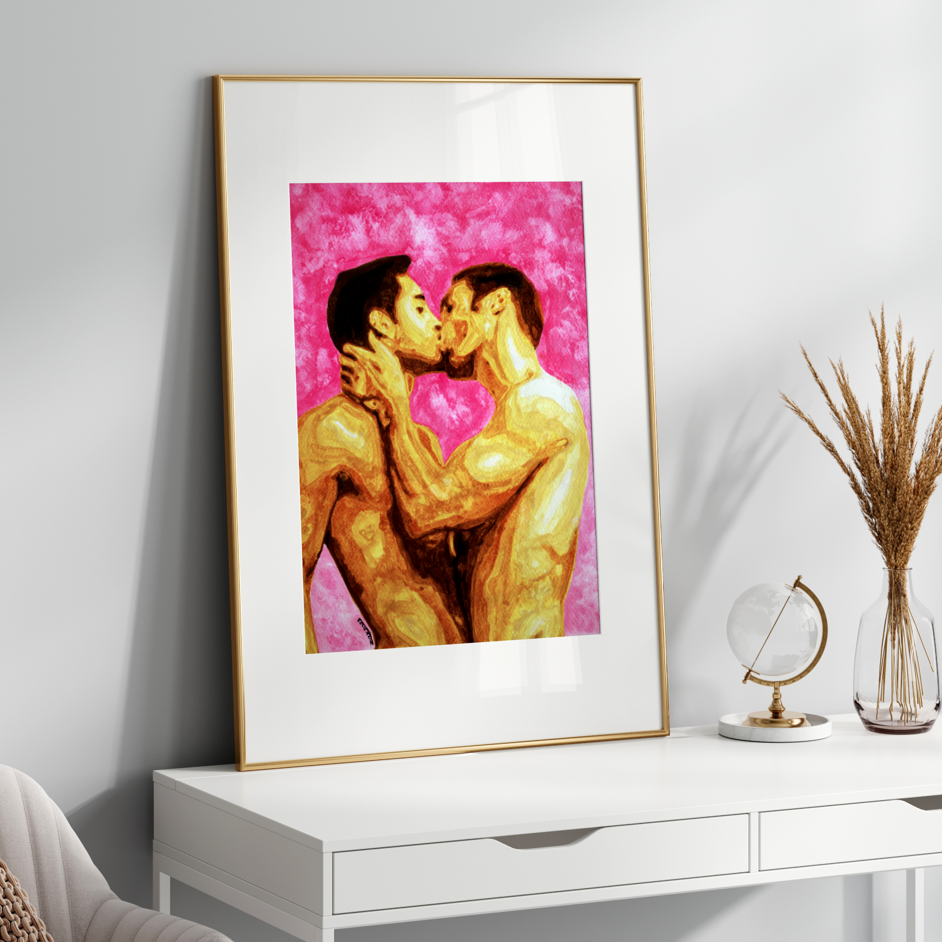 Framed artwork of two people kissing on a pink background, displayed on a white wall above a white console table.