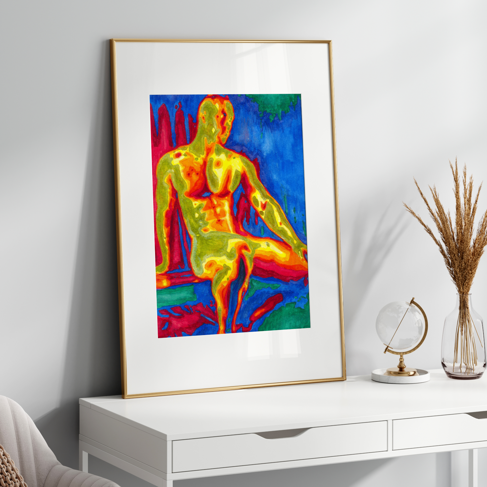 Colorful thermal imaging art print on a white wall above a white console table.