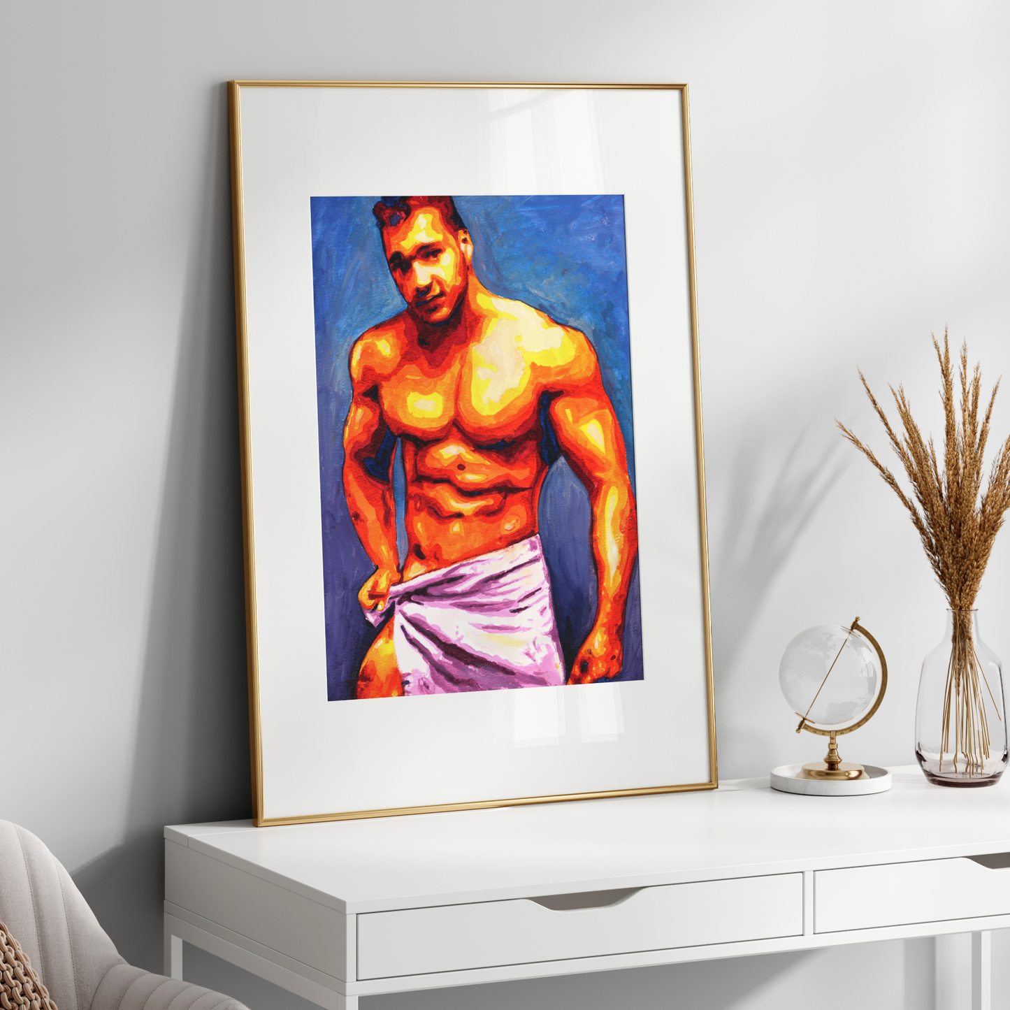 Framed artwork of a muscular figure on a white wall above a white console table.