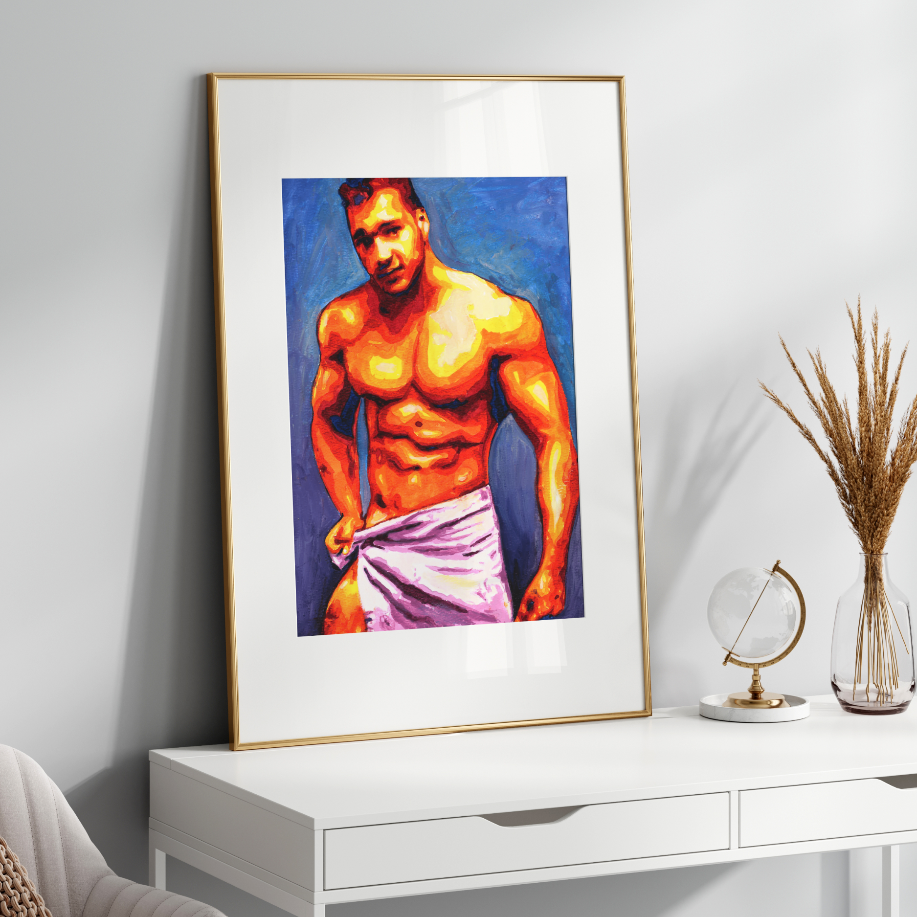 Framed artwork of a muscular figure on a white wall above a white console table.