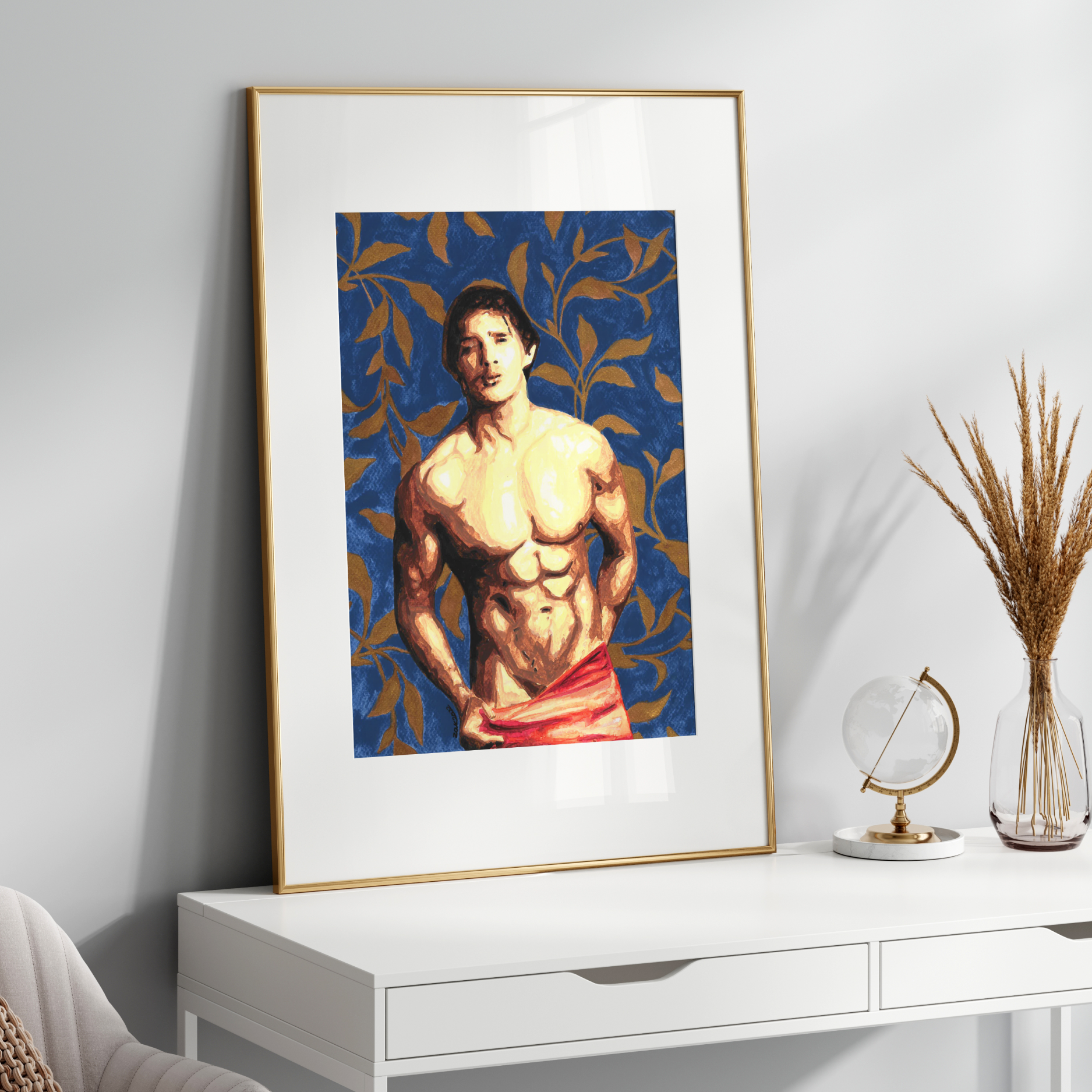 Framed artwork of a muscular figure on a white wall above a white console table.