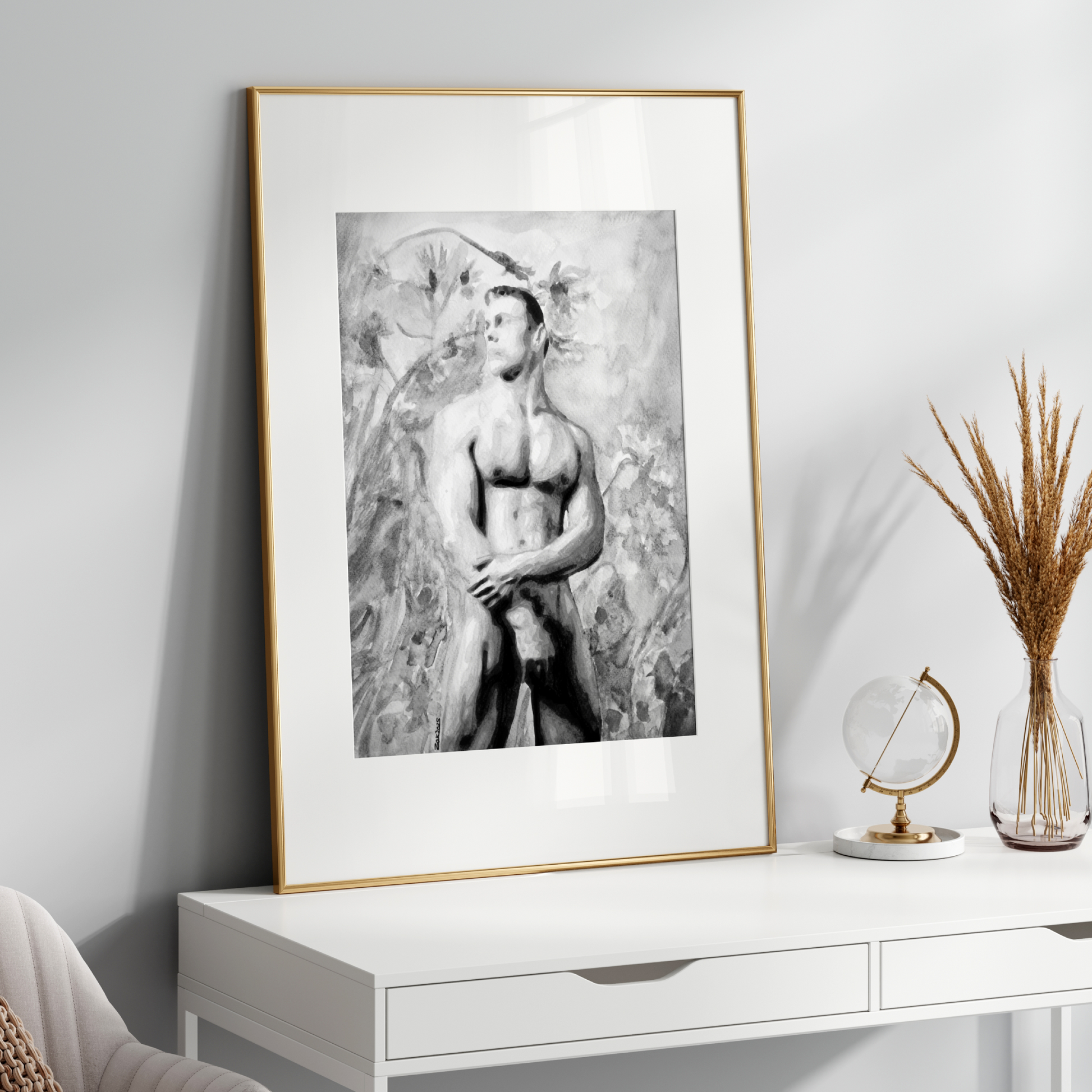 Black and white watercolor painting of a nude muscular male viewed from a low angle, expressing bold queer identity and masculine beauty by Zak Pop Art.