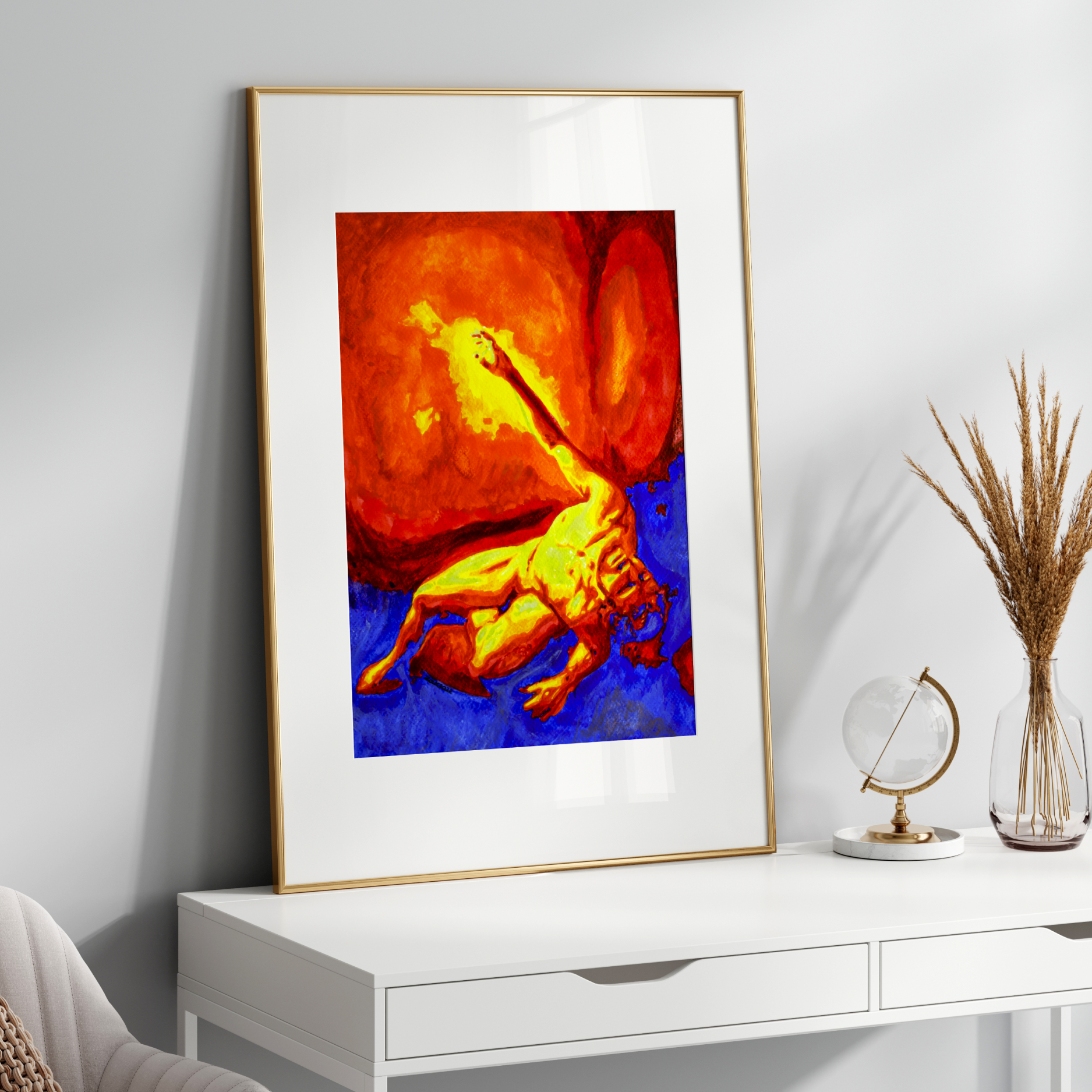 Framed abstract artwork on a white wall above a white console table with decorative items.
