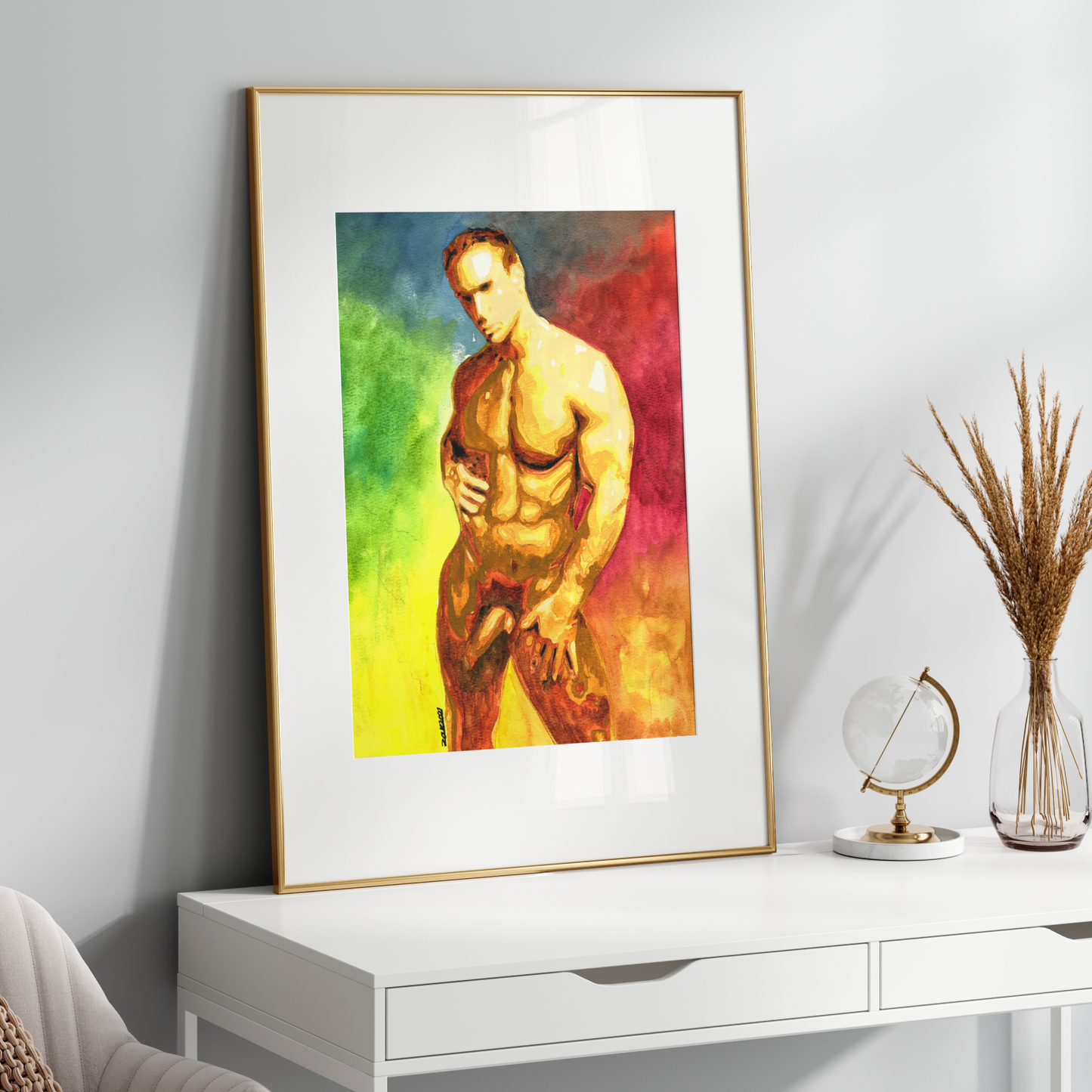 Framed artwork of a muscular figure on a white wall above a white console table.
