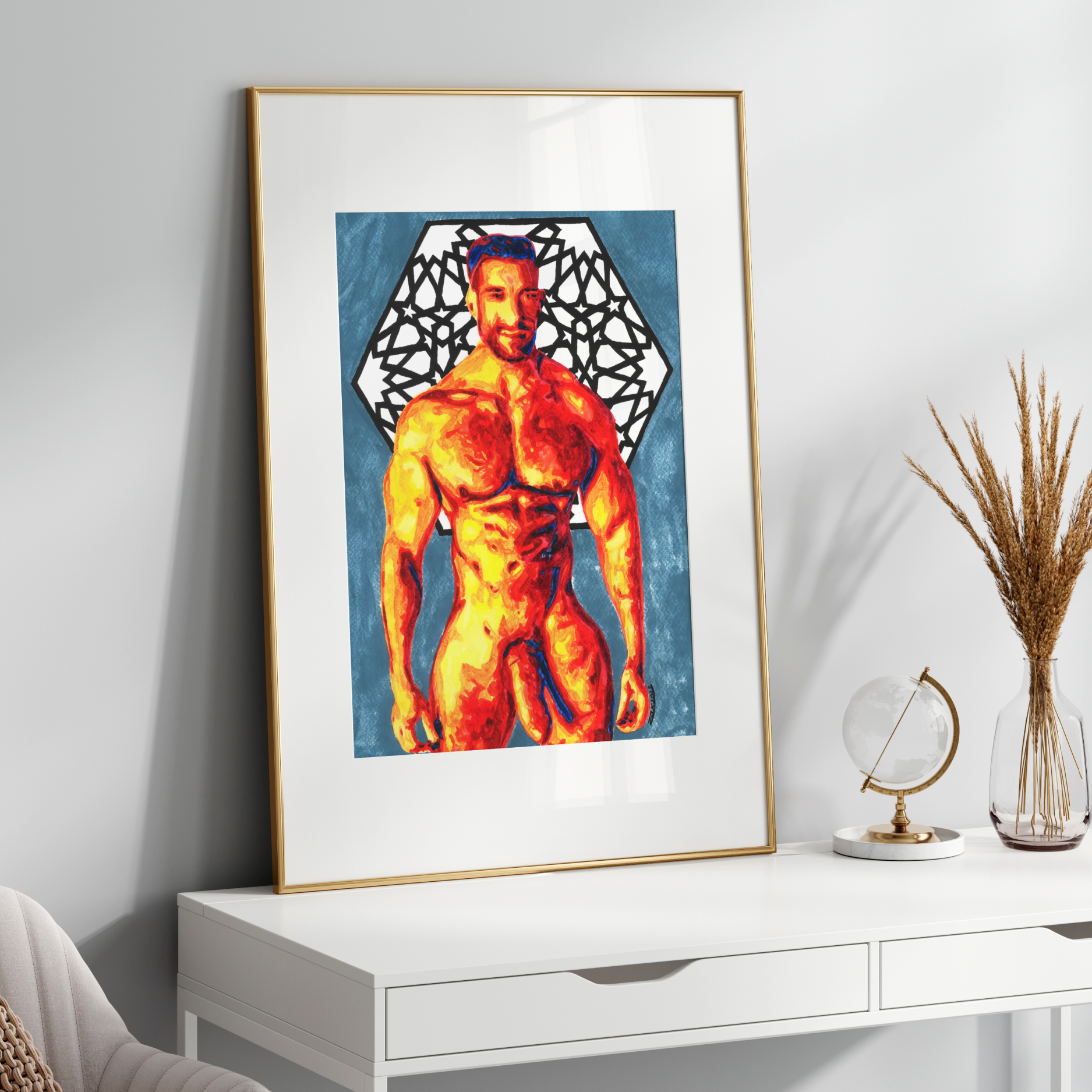 Framed artwork of a muscular figure on a white wall above a white console table.