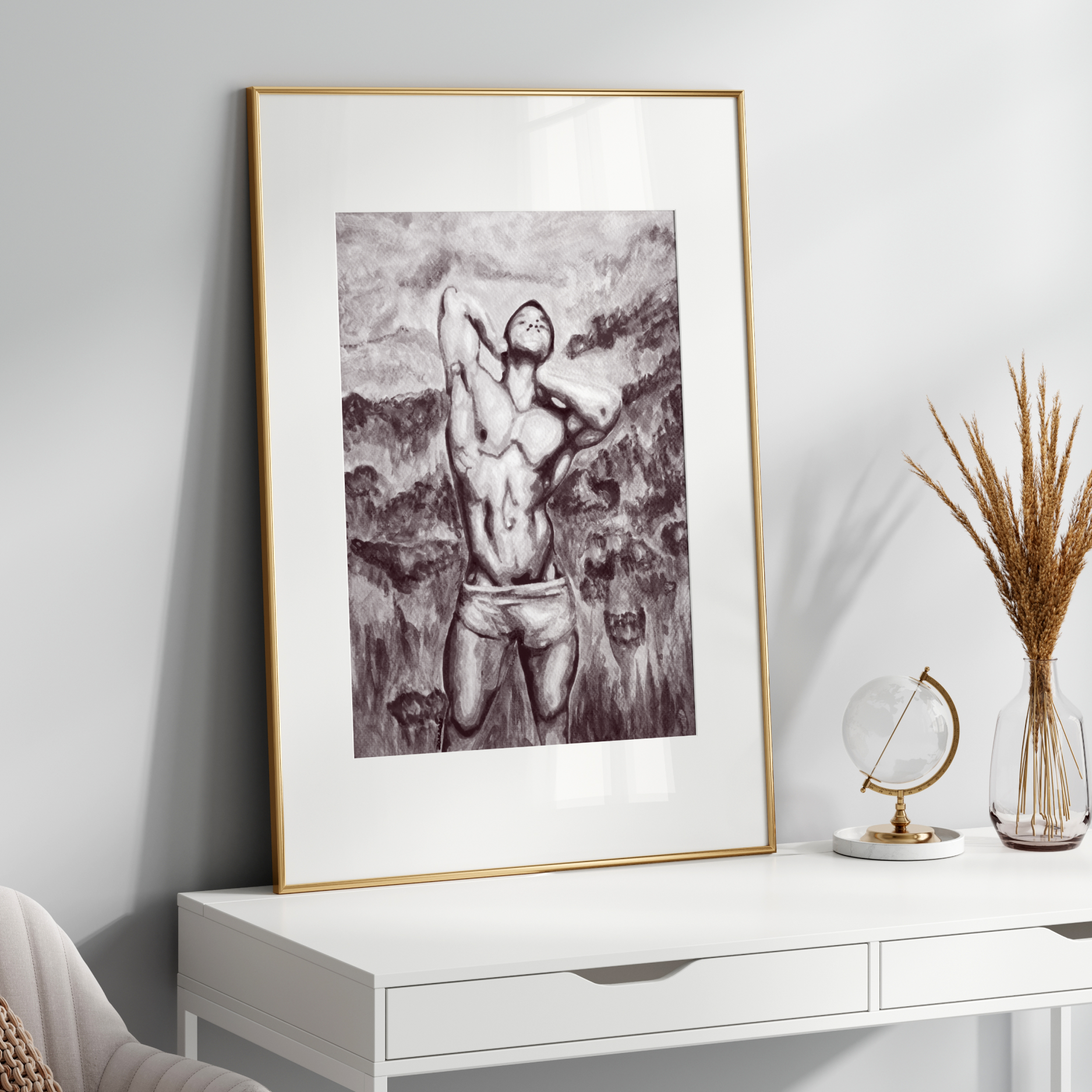 Framed artwork on a white wall above a white console table with decorative items.