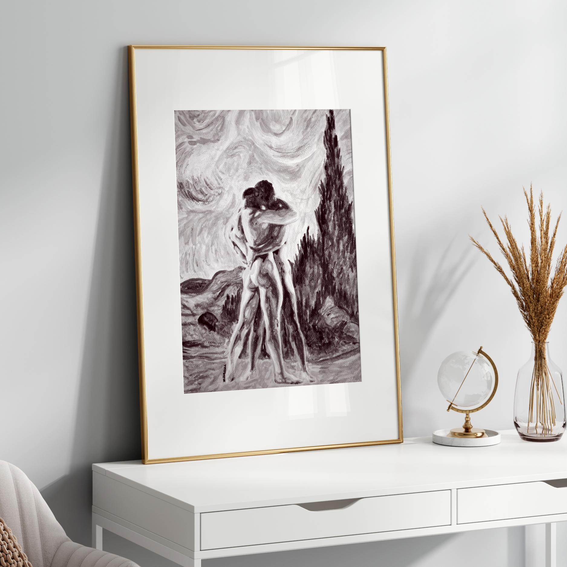 Framed artwork on a white wall above a white console table with decorative items.