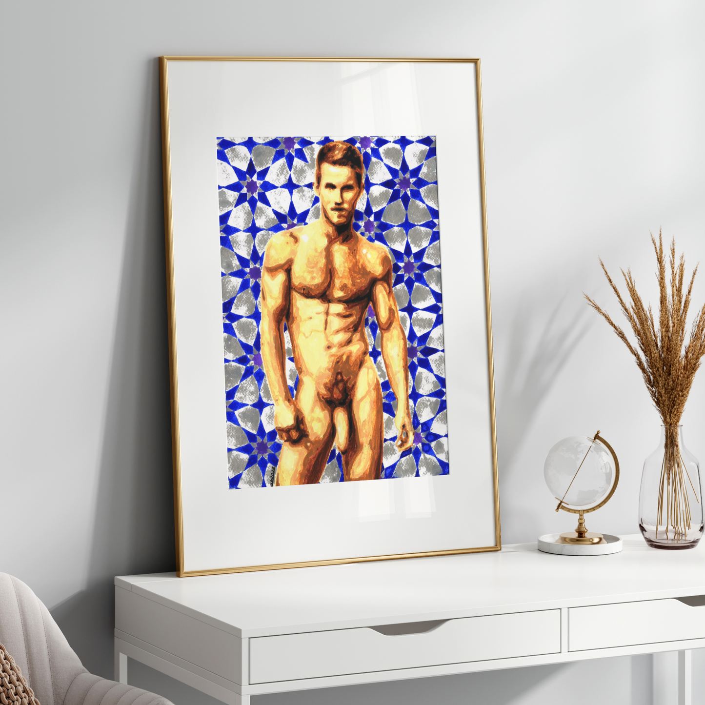 Framed artwork of a nude figure with geometric pattern on a white wall above a white console table.