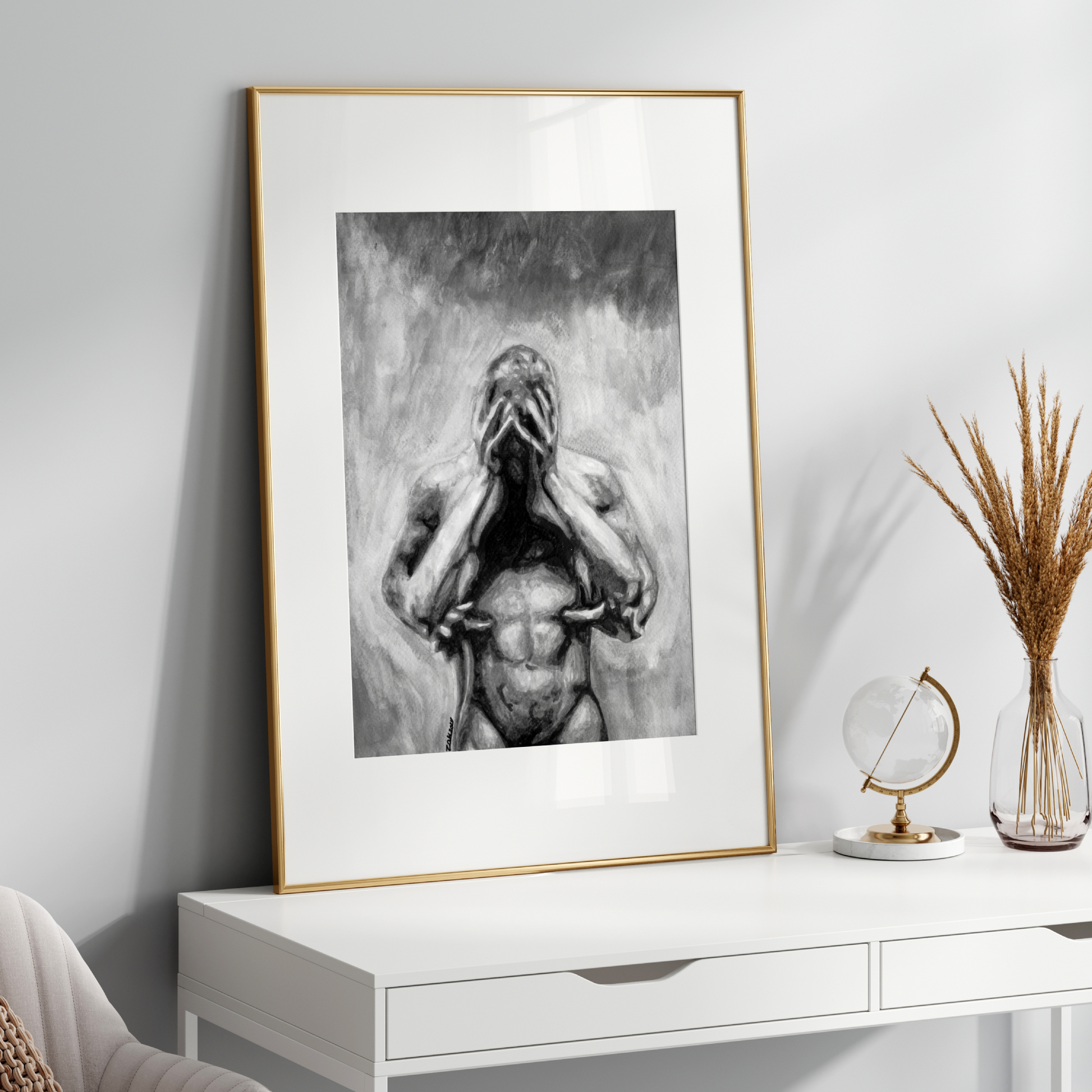 Black and white watercolor of a muscular man holding his head in distress, embraced gently by another man from behind.