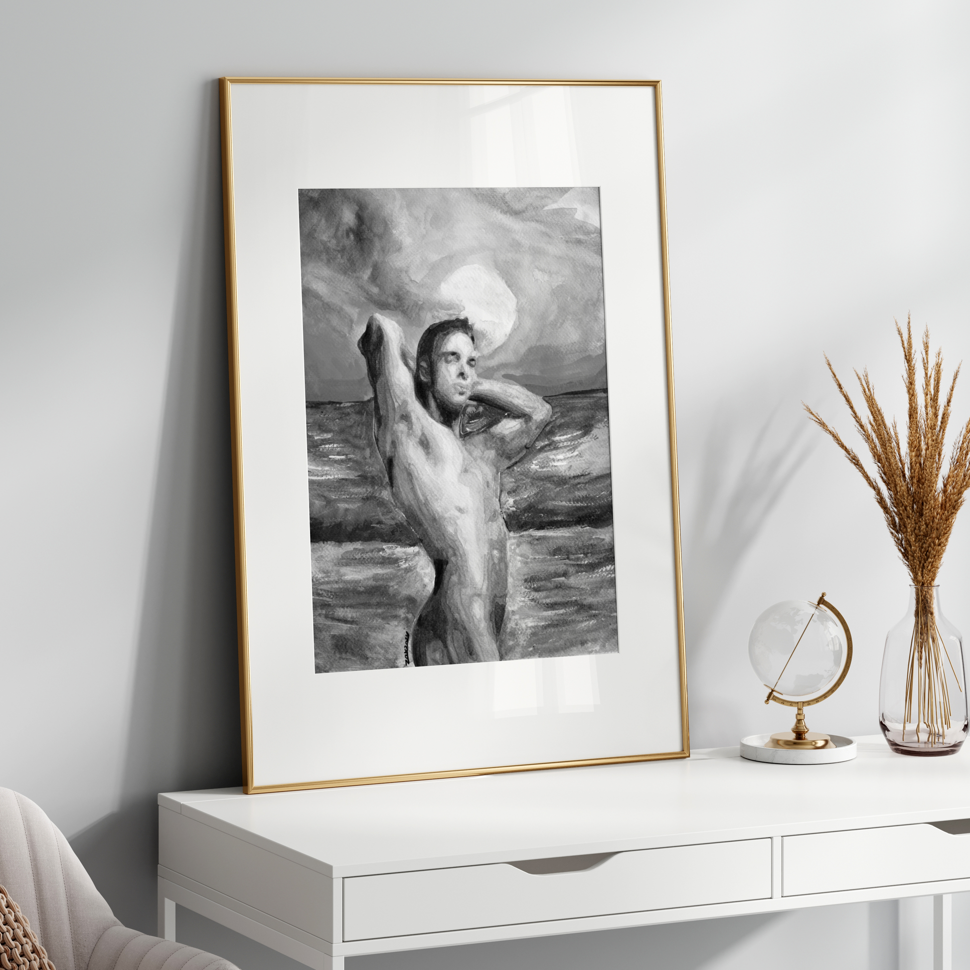 Black and white watercolor painting of a muscular nude man standing by the ocean, flexing his arms behind his head. The silhouette contrasts with a softly textured sky and sea, conveying queer strength, calm, and confidence.