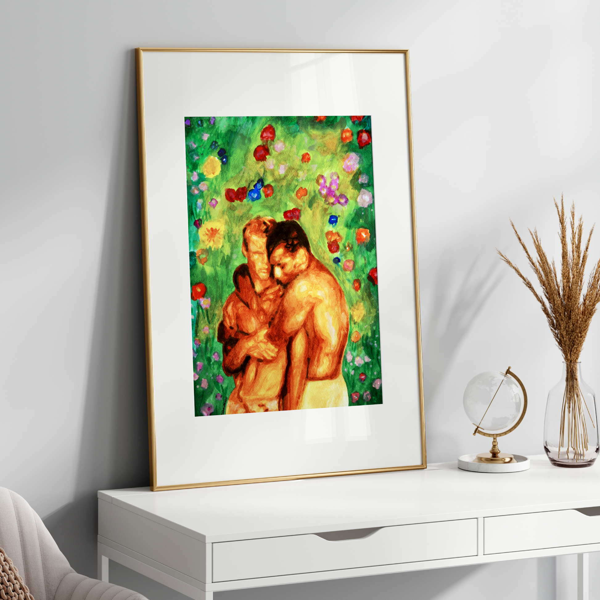 Romantic watercolor illustration of a gay couple embracing tenderly in front of a lush green garden with blooming flowers. LGBTQ+ pride and love celebrated in vibrant color.