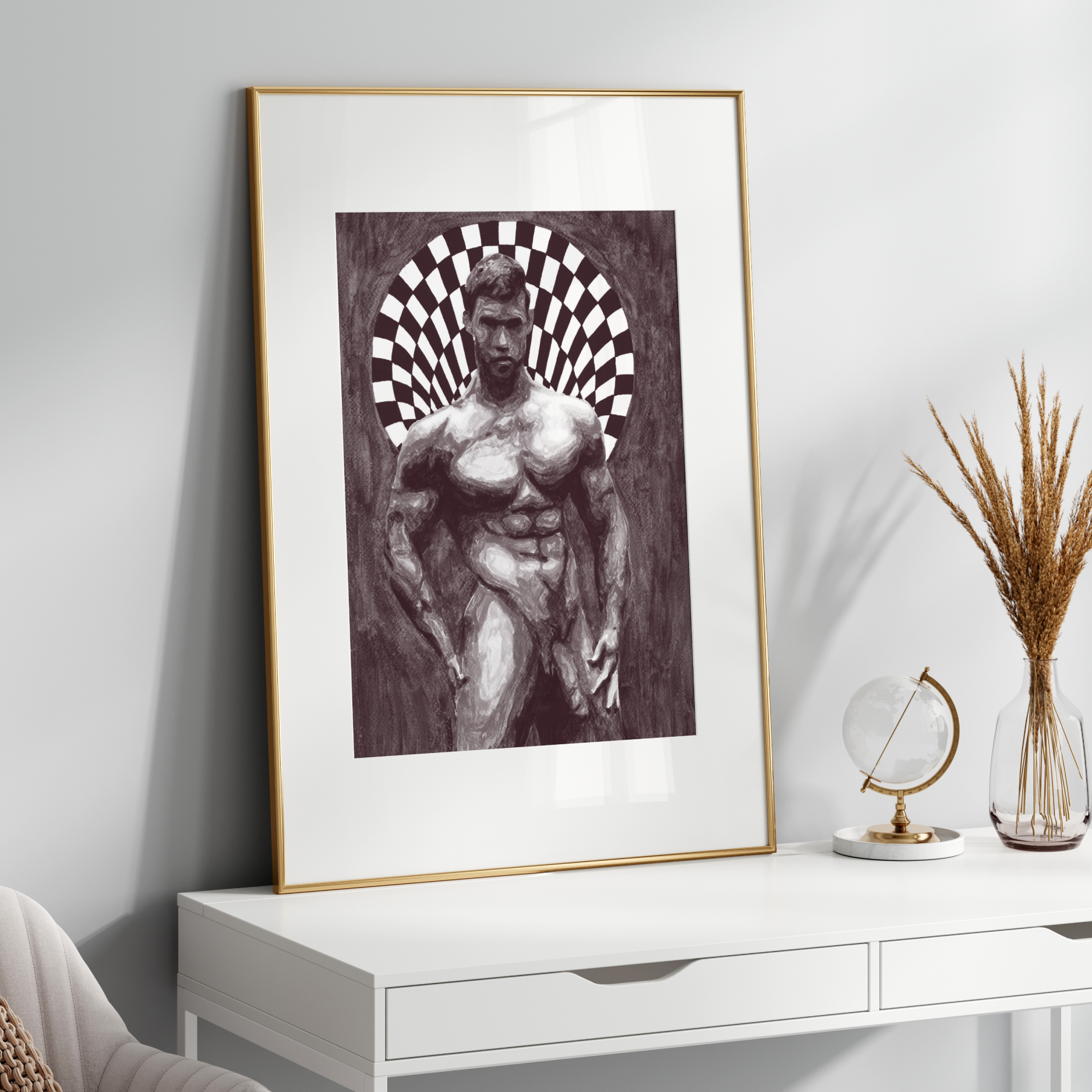 Framed artwork of a muscular figure on a white console table with decorative items.