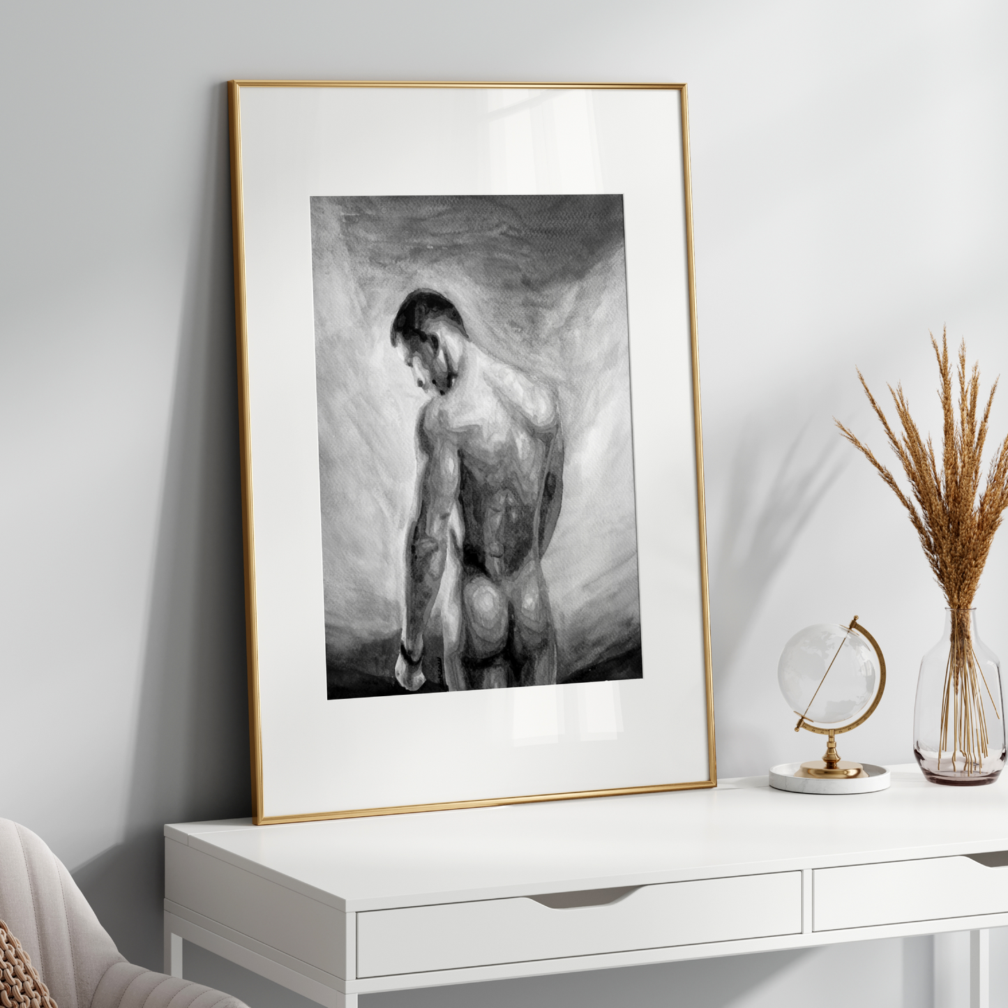 Black and white watercolor painting of a proud nude man with a defined body, facing the sky, symbolizing queer strength, liberation, and timeless beauty. Original Zak Pop Art.
