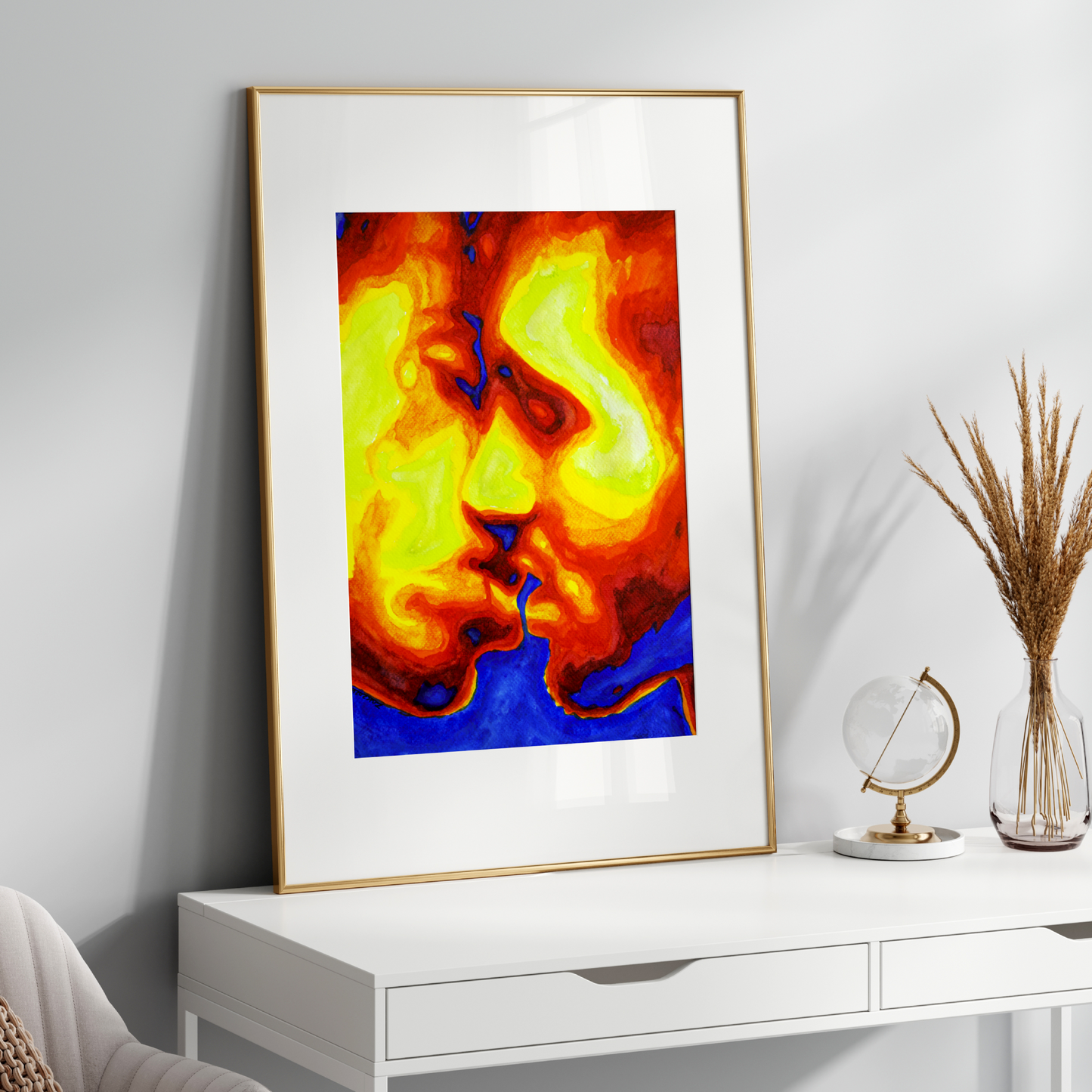 Watercolor painting of two men in profile kissing, with rainbow colors symbolizing LGBTQ+ pride and emotional warmth.