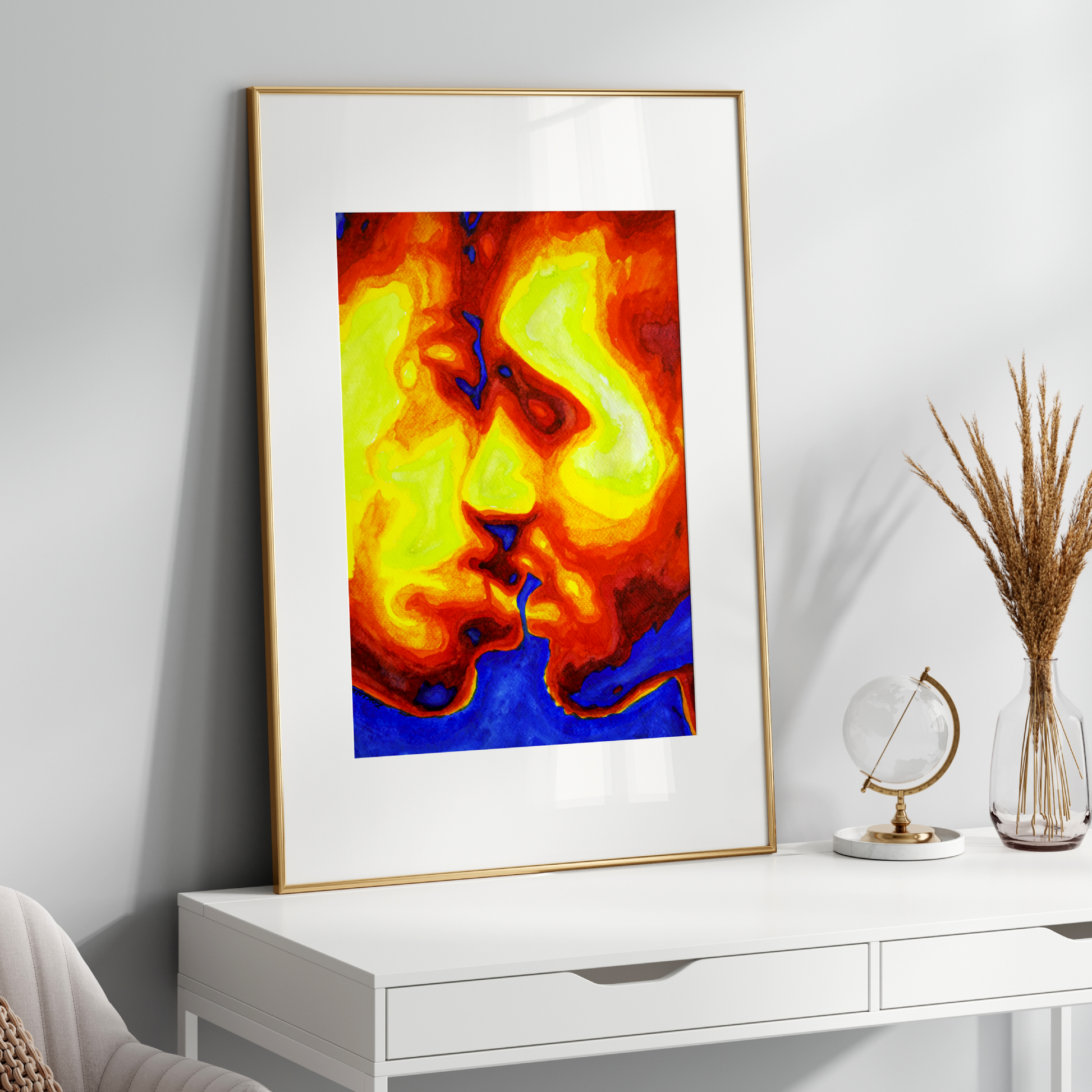 Watercolor painting of two men in profile kissing, with rainbow colors symbolizing LGBTQ+ pride and emotional warmth.