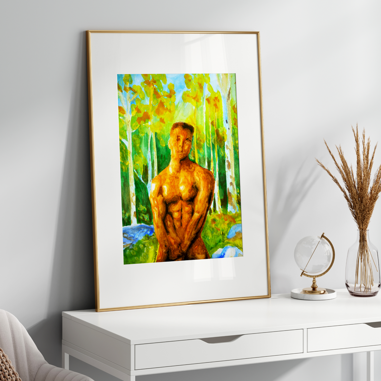 Watercolor painting of a muscular nude male in a misty forest, covering his groin with his hands, looking directly at the viewer. Expressive LGBTQ+ art by Zak Pop Art.
