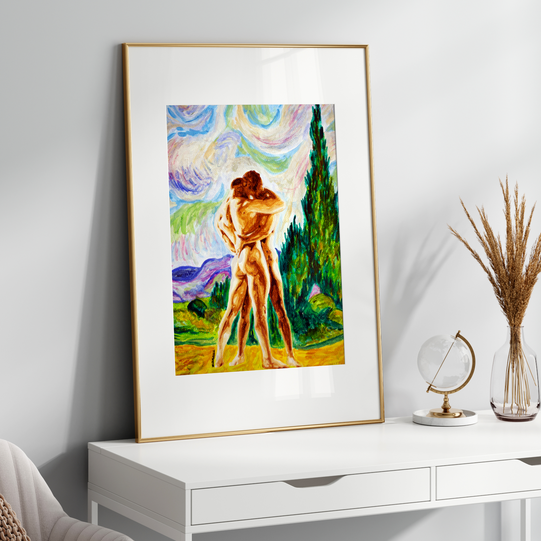 Framed artwork of two people embracing on a white surface with decorative items.