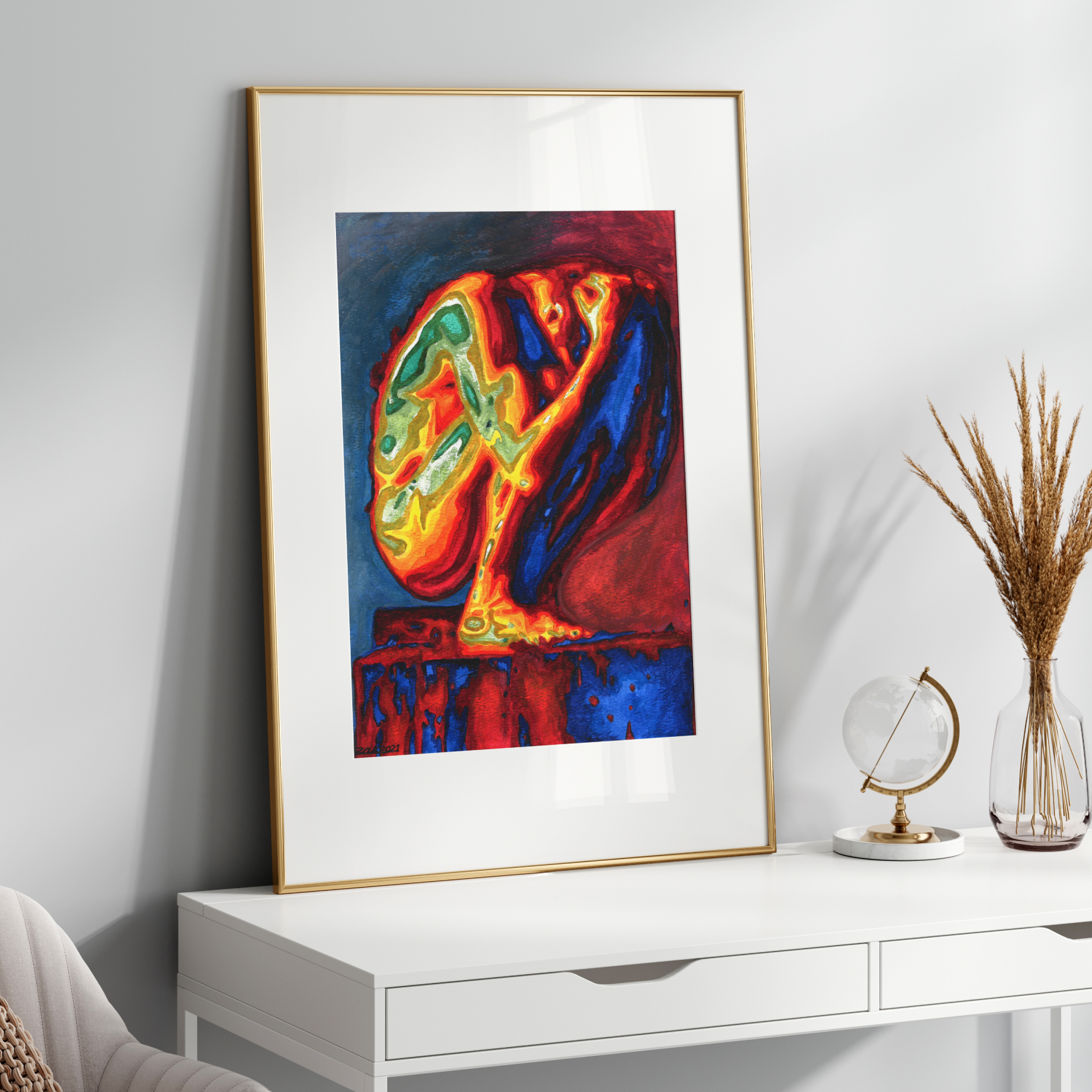 Colorful abstract painting in a gold frame on a white wall above a white console table.