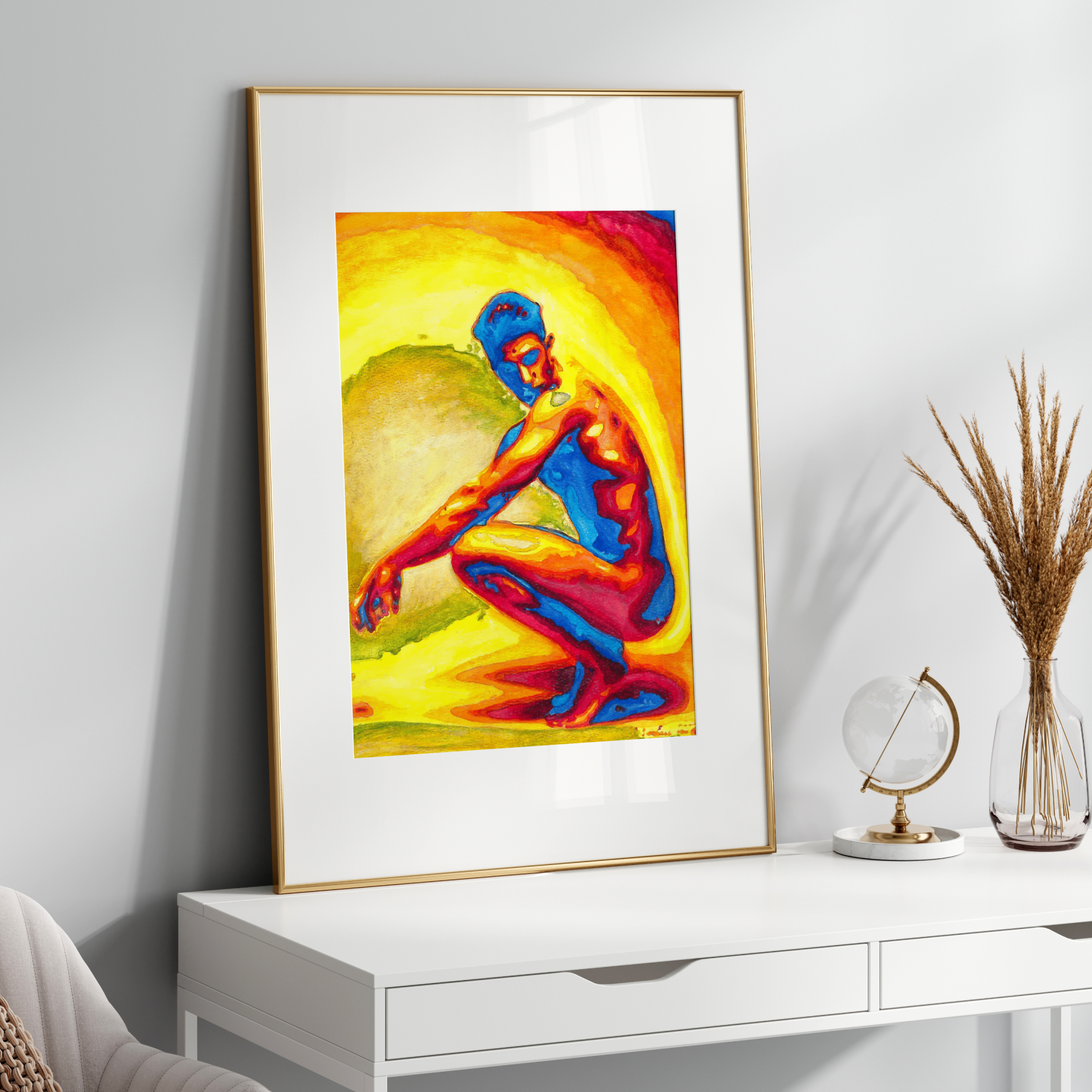 Framed colorful artwork of a superhero on a white wall above a white console table.