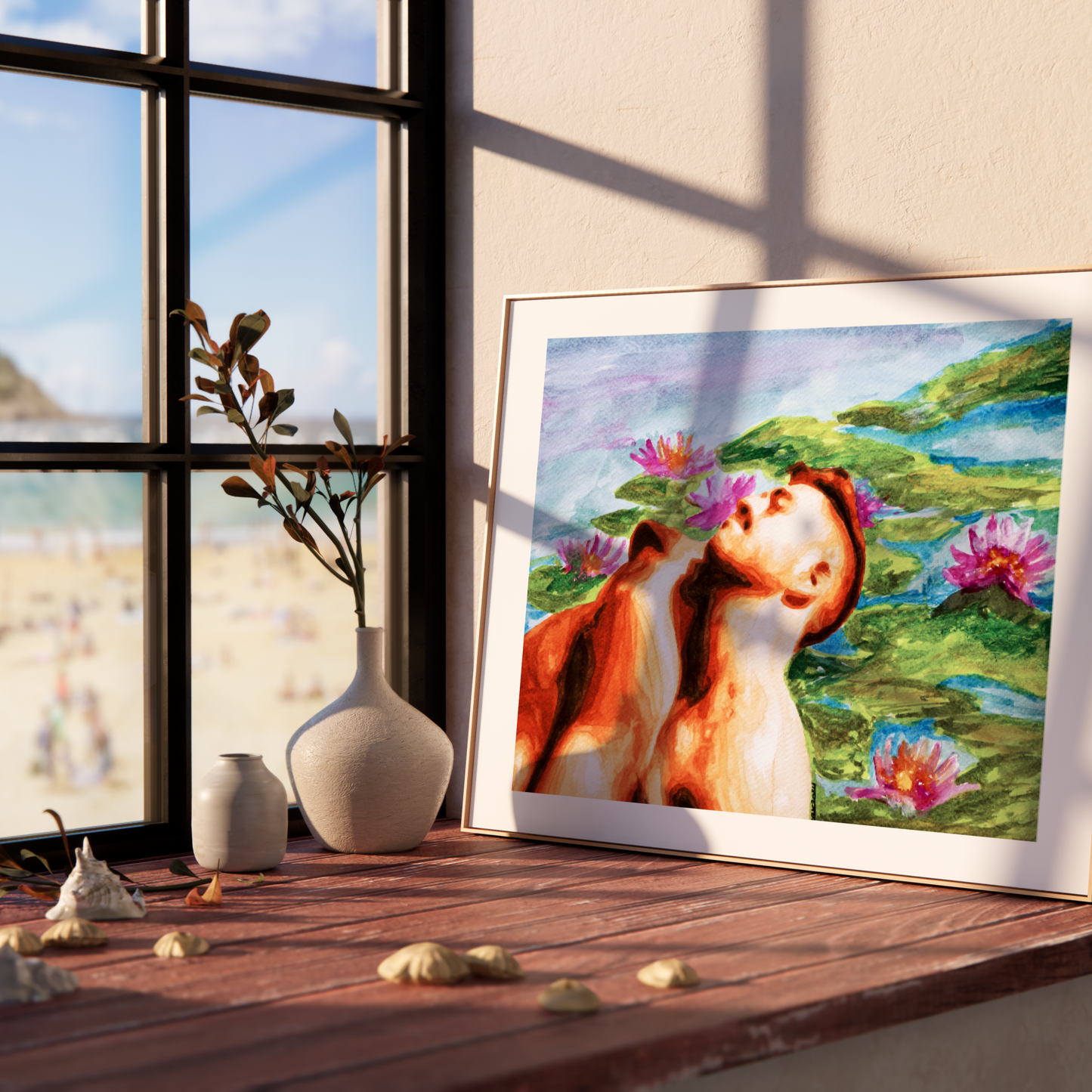 Framed artwork of a dog among flowers on a wooden shelf with a window view.