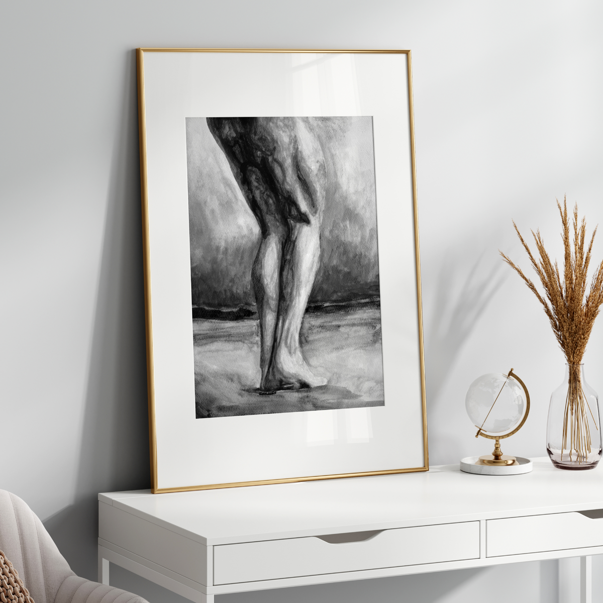Black and white watercolor of muscular male legs standing barefoot in a field. Grayscale queer symbolism by Zak Pop Art
