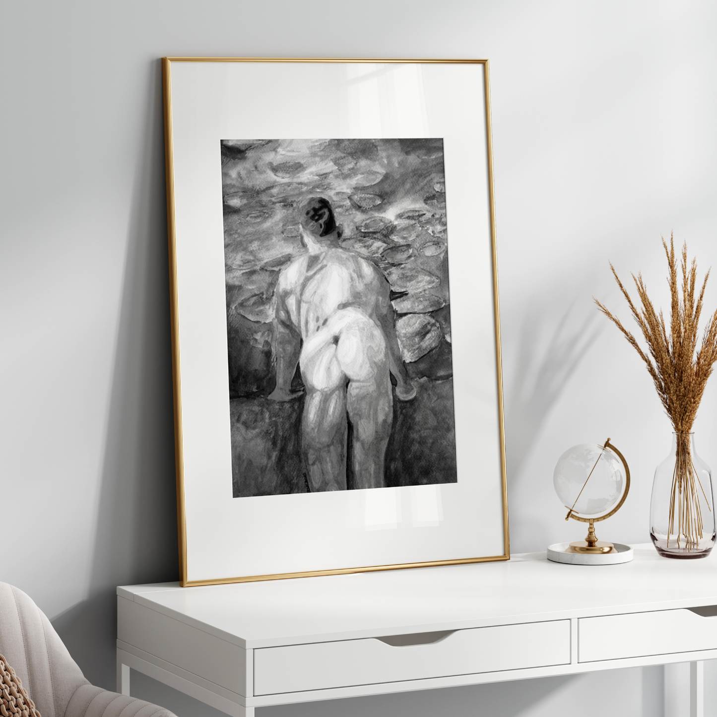 Black & White Watercolor – Muscular Nude Male with Impressionist Swamp
