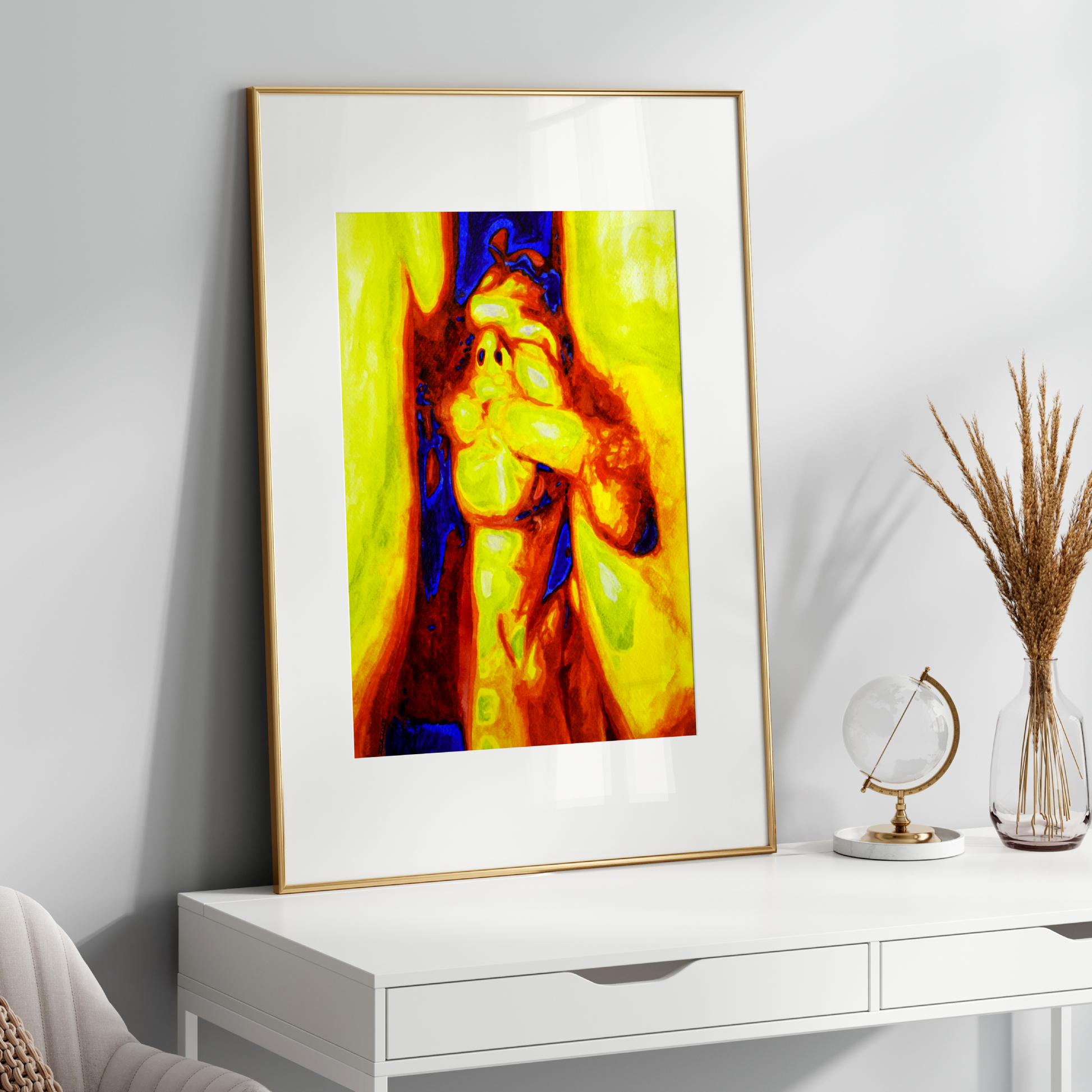 A man on his knees between two nude men, looking up with his mouth open and tongue out, in a colorful watercolor scene expressing erotic queer desire.