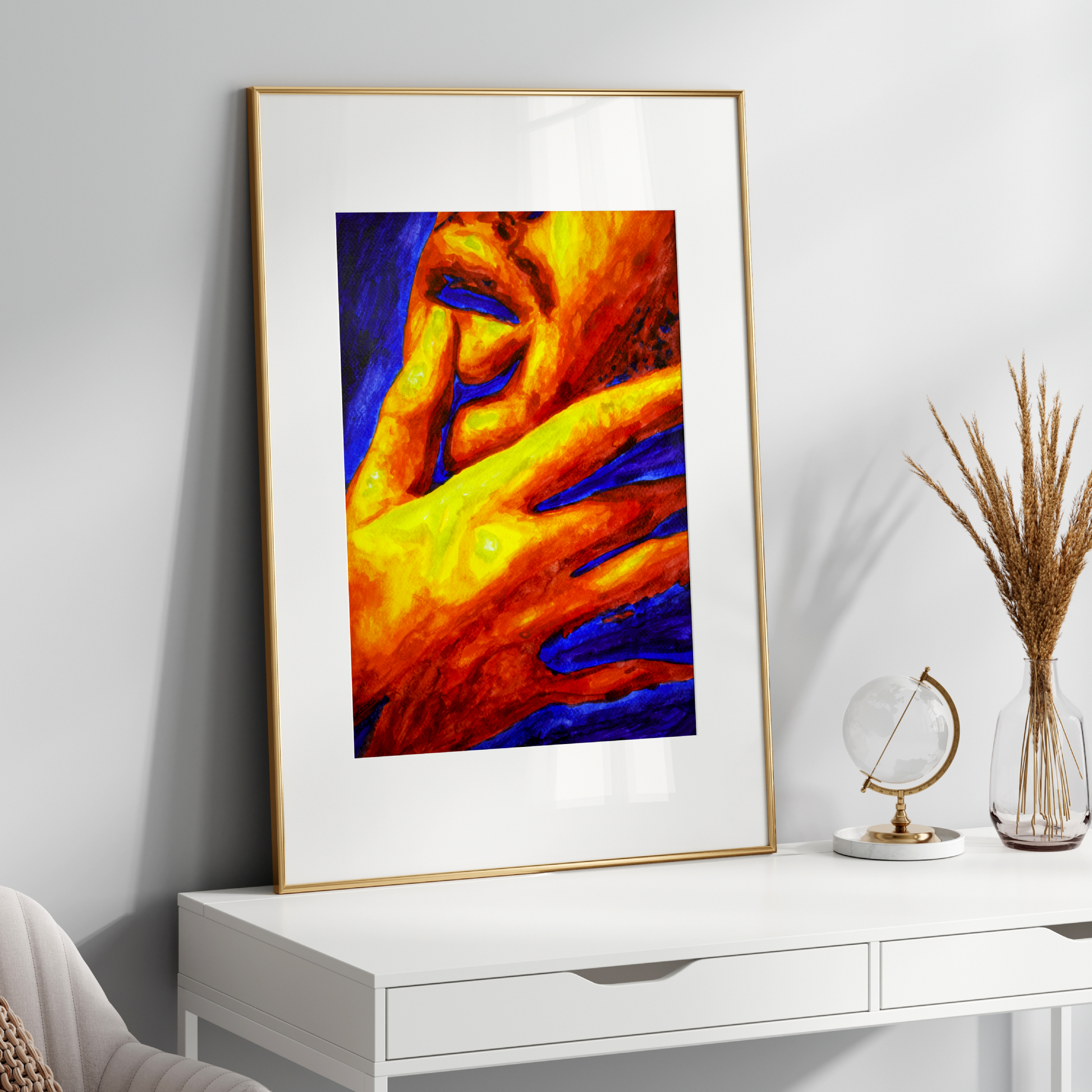 Watercolor painting of a side-profile portrait of a queer man touching his lips with his finger in a sensual gesture, with bold warm and cool tones.