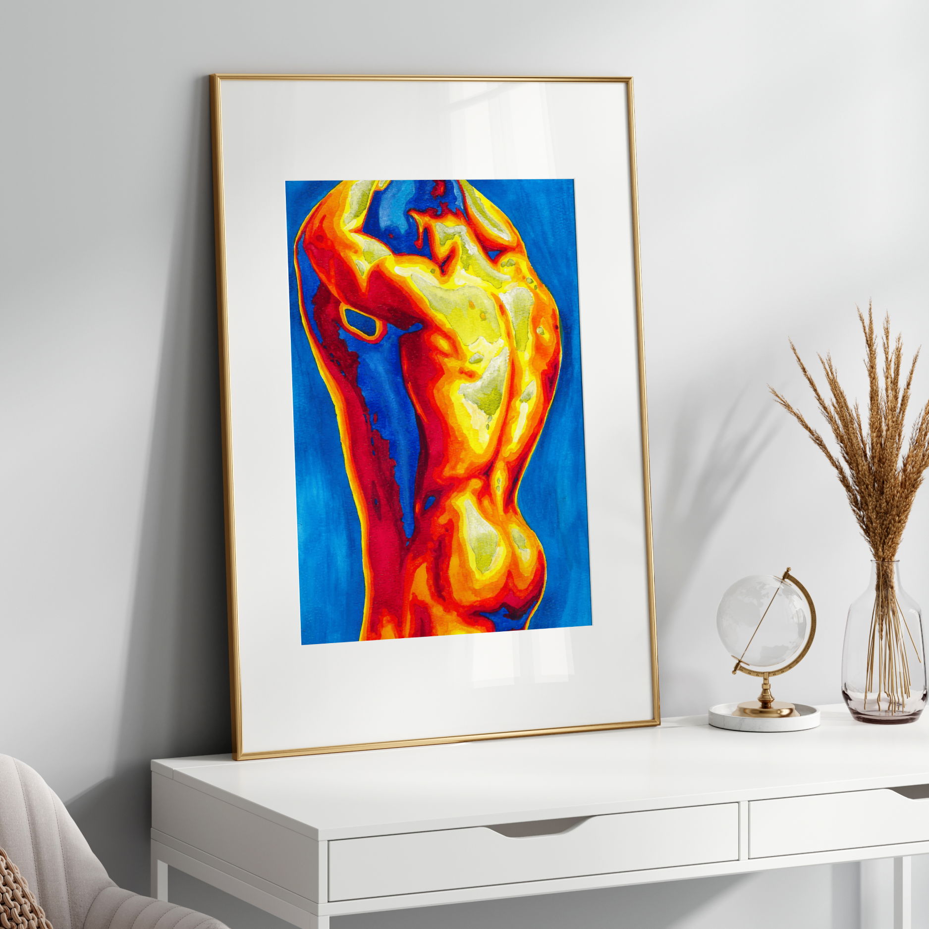 Framed colorful abstract art on a white wall above a white console table.