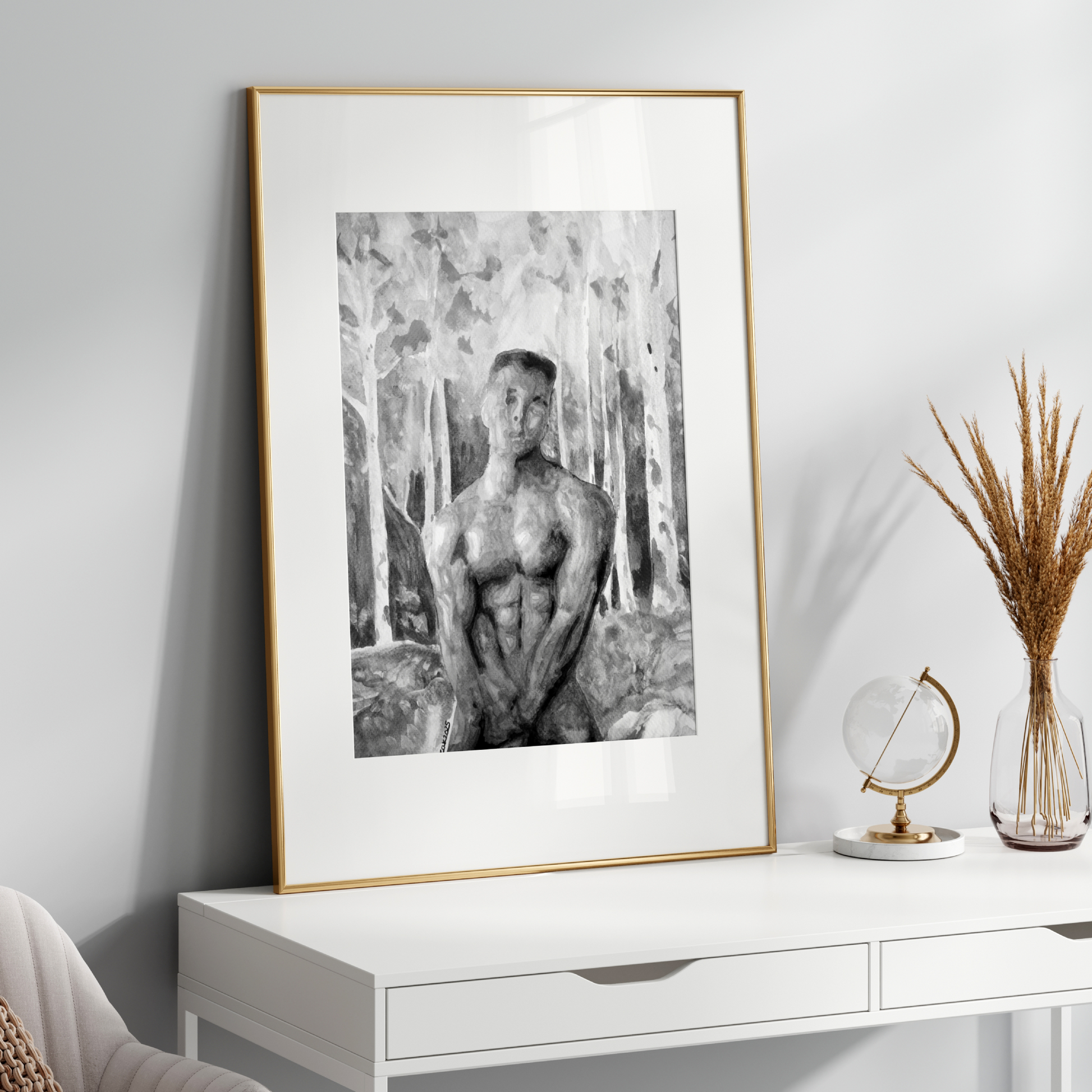 
Black and white watercolor painting of a muscular nude man in a misty forest, covering his genitals with one hand and looking directly at the viewer. Queer male figure art by Zak Pop Art.