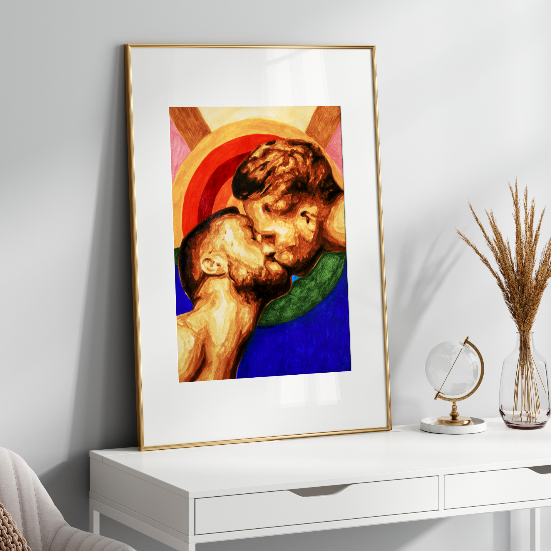 Framed artwork of two figures on a white wall above a white console table.