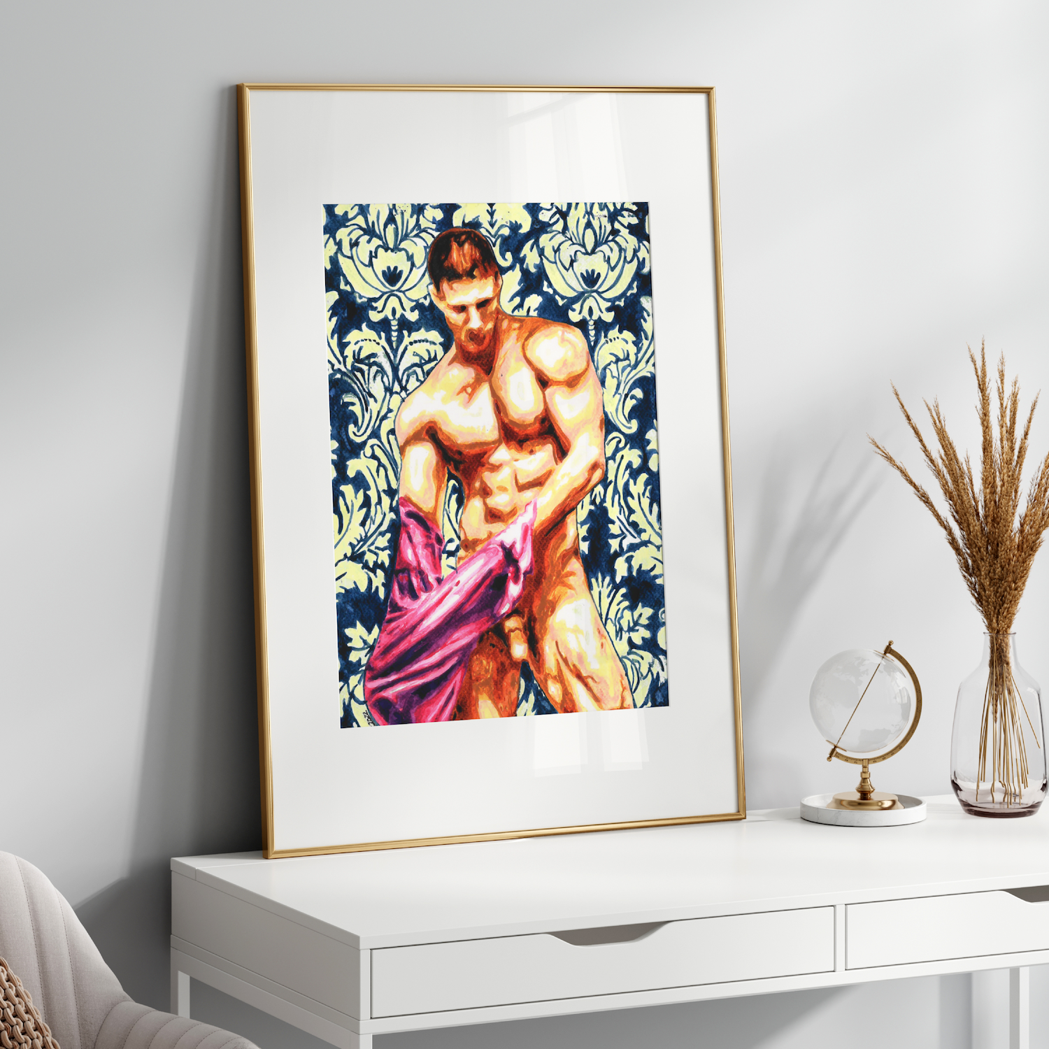 Framed artwork of a muscular figure on a white wall above a white console table.